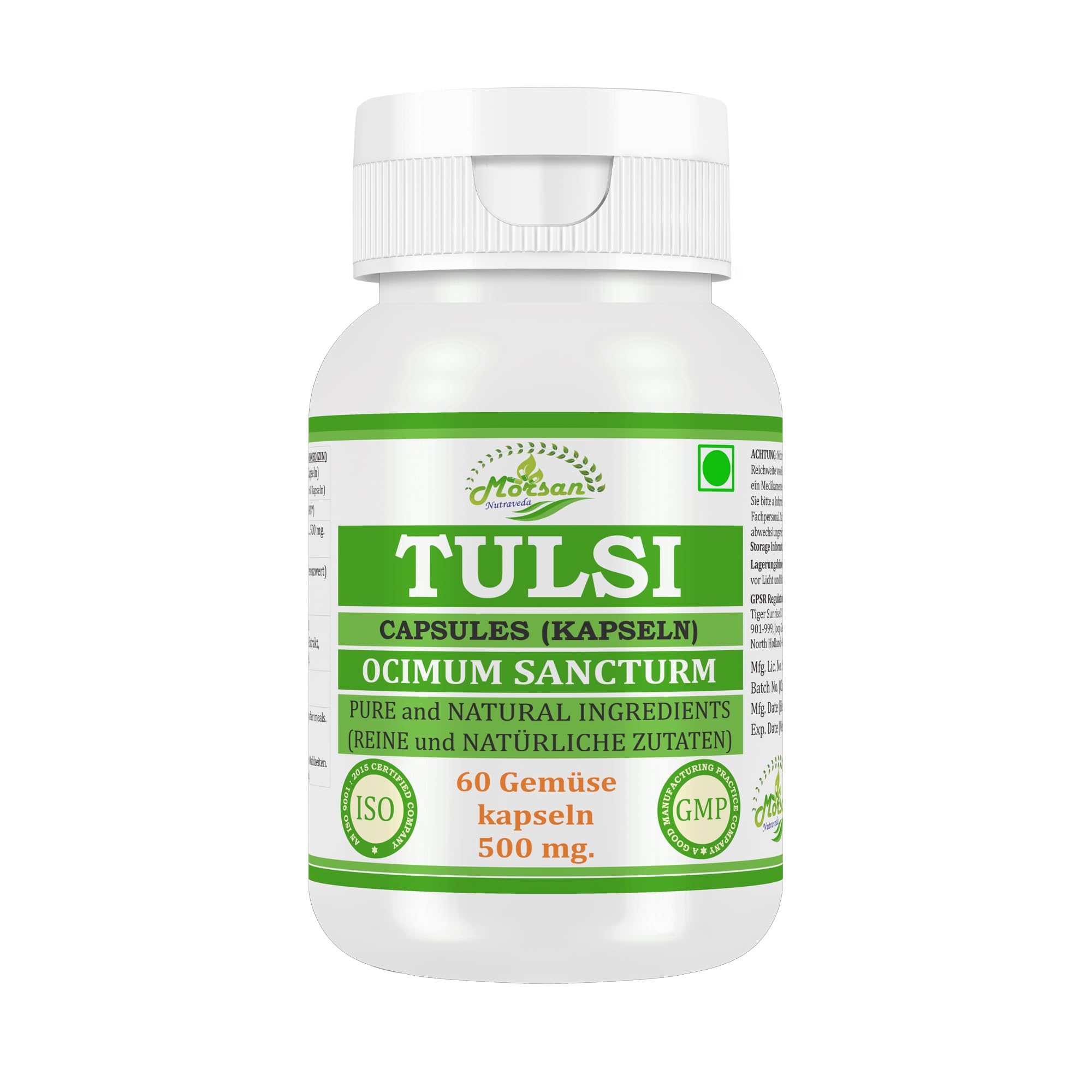 Tulsi (Ocimum sanctum, Basil) Extrakt mit 10:1 Stärke, 500 mg x 60 vegane Kapseln | Ayurvedisches Kräuterergänzungsmittel für Männer und Frauen (1 Flasche mit 60 Kapseln)