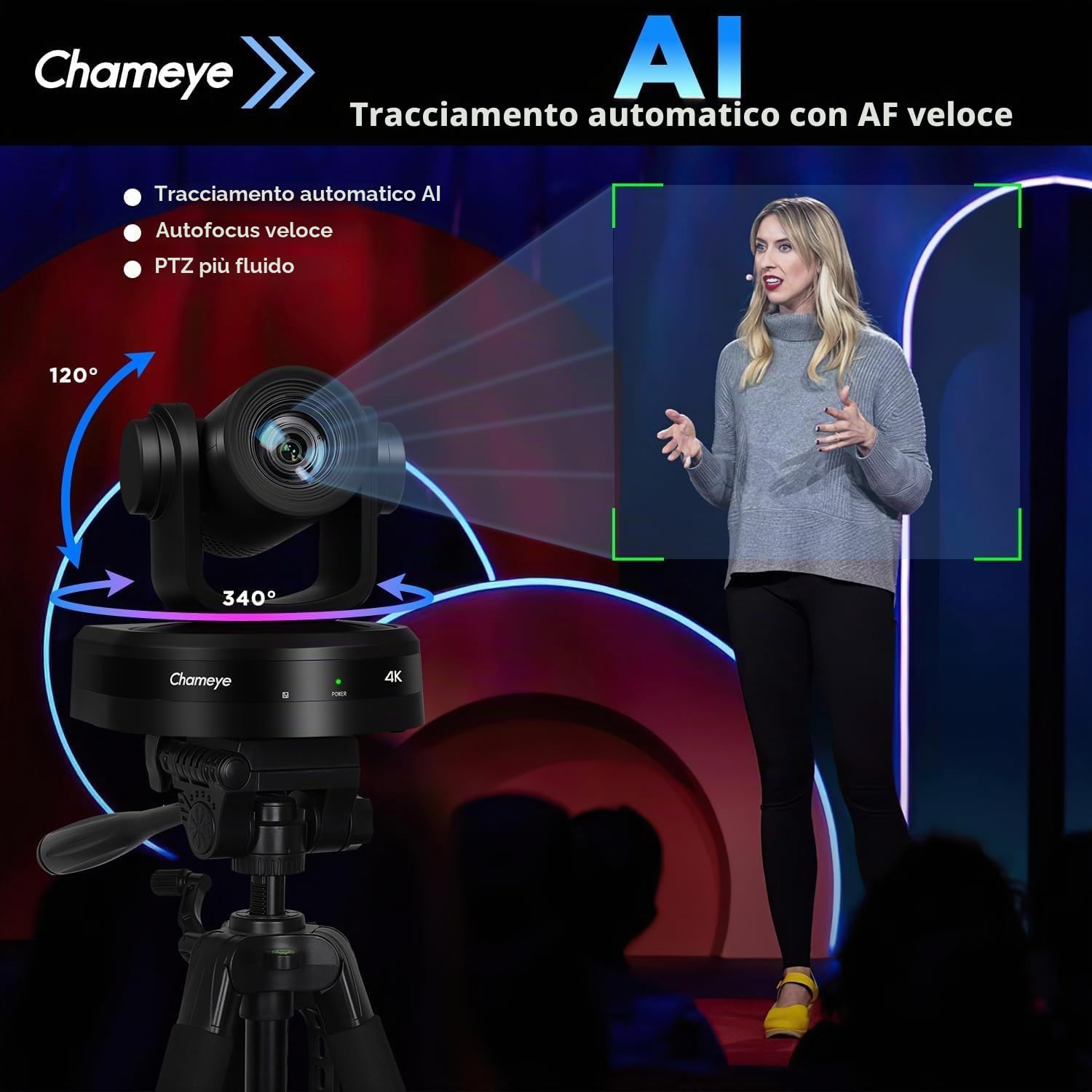 Chameye Telecamera 4K PTZ con 20x Zoom Ottico AI Tracciamento USB3.0/HDMI/LAN(PoE), Registrazione della scheda TF, Telecamera per Conferenze e Streaming in Chiesa Funziona YouTube/OBS (CH420)