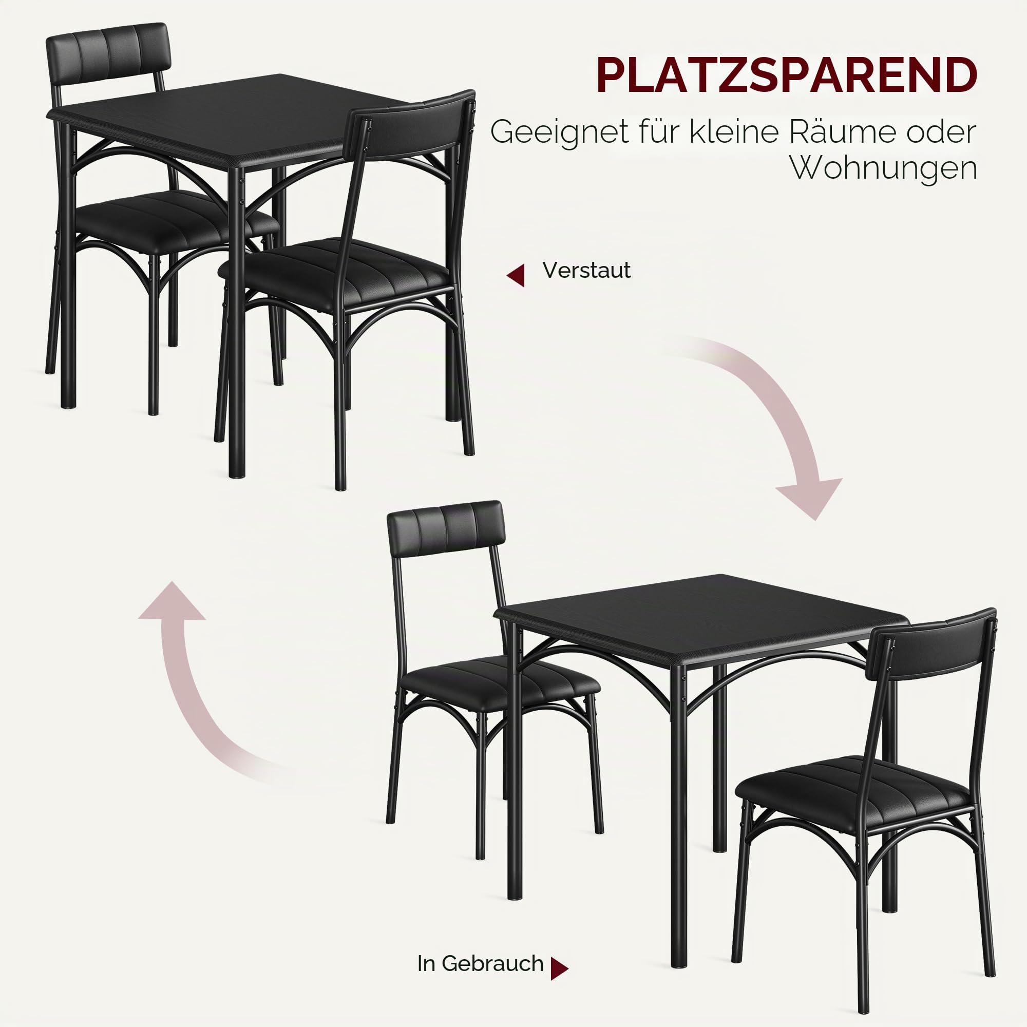 3-Teiliges Esstischset Für 2 Personen, Kleiner Küchentisch Mit Gepolsterten Stühlen, Quadratischer Holztisch Mit Sitzpolster, Platzsparendes Essset Für Wohnung, Schwarz