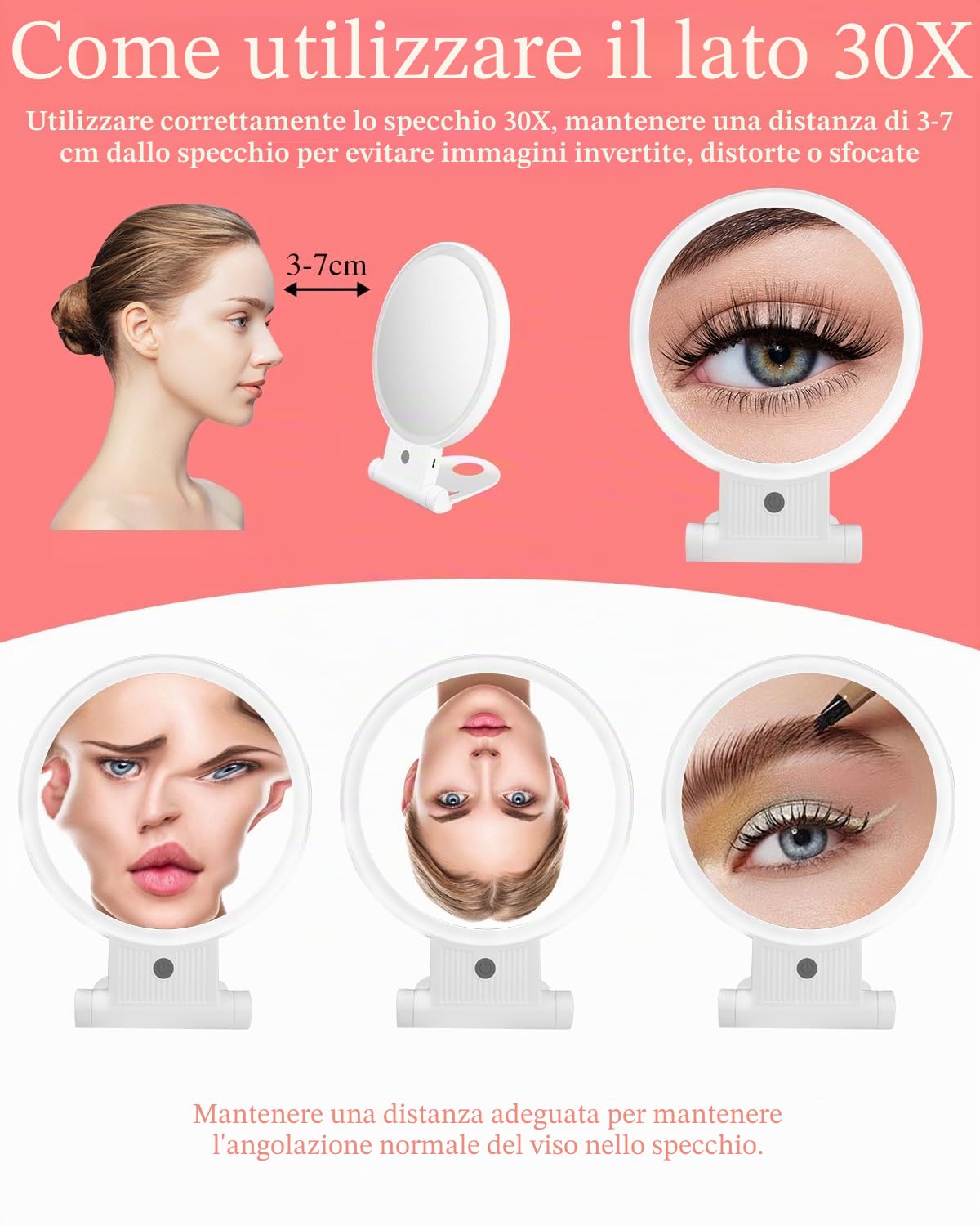 LEAZZLE Specchio Ingranditore 30X Specchio Trucco,Specchio Trucco con Luci,Ricaricabile 3 Modalità Illuminazione,Specchio Ventosa 360° Girevole Portabile Luce avec sac de rangement,Girevole 360 gradi