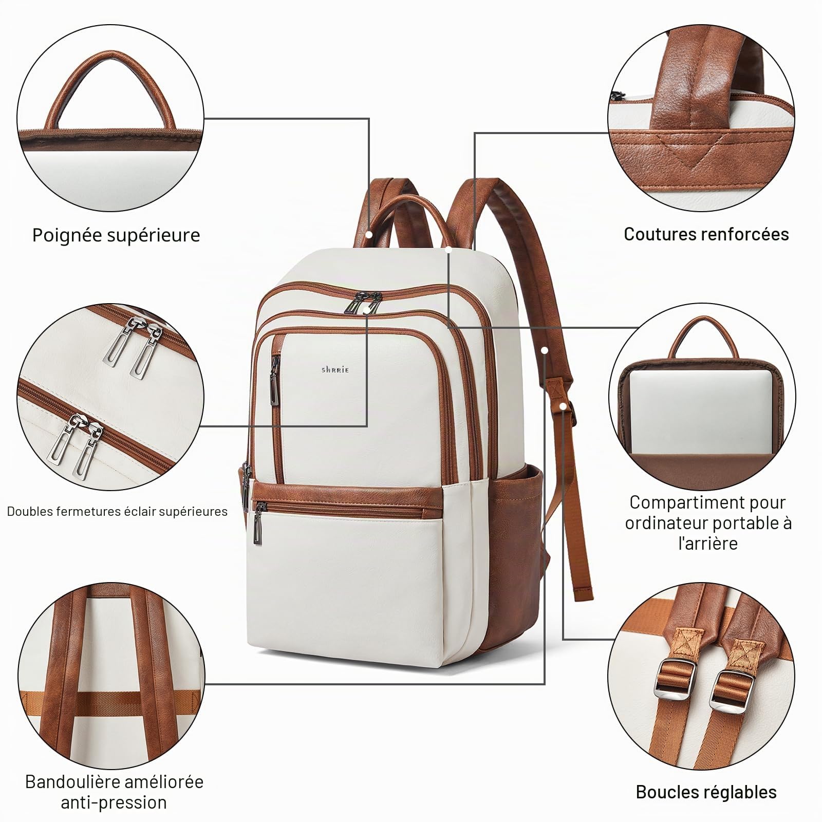 Shrrie Sac à dos en cuir pour ordinateur portable 17 pouces pour femme, grand sac à dos de voyage avec compartiment pour ordinateur portable pour décontracté utilisation ou travail, Beige et Marron