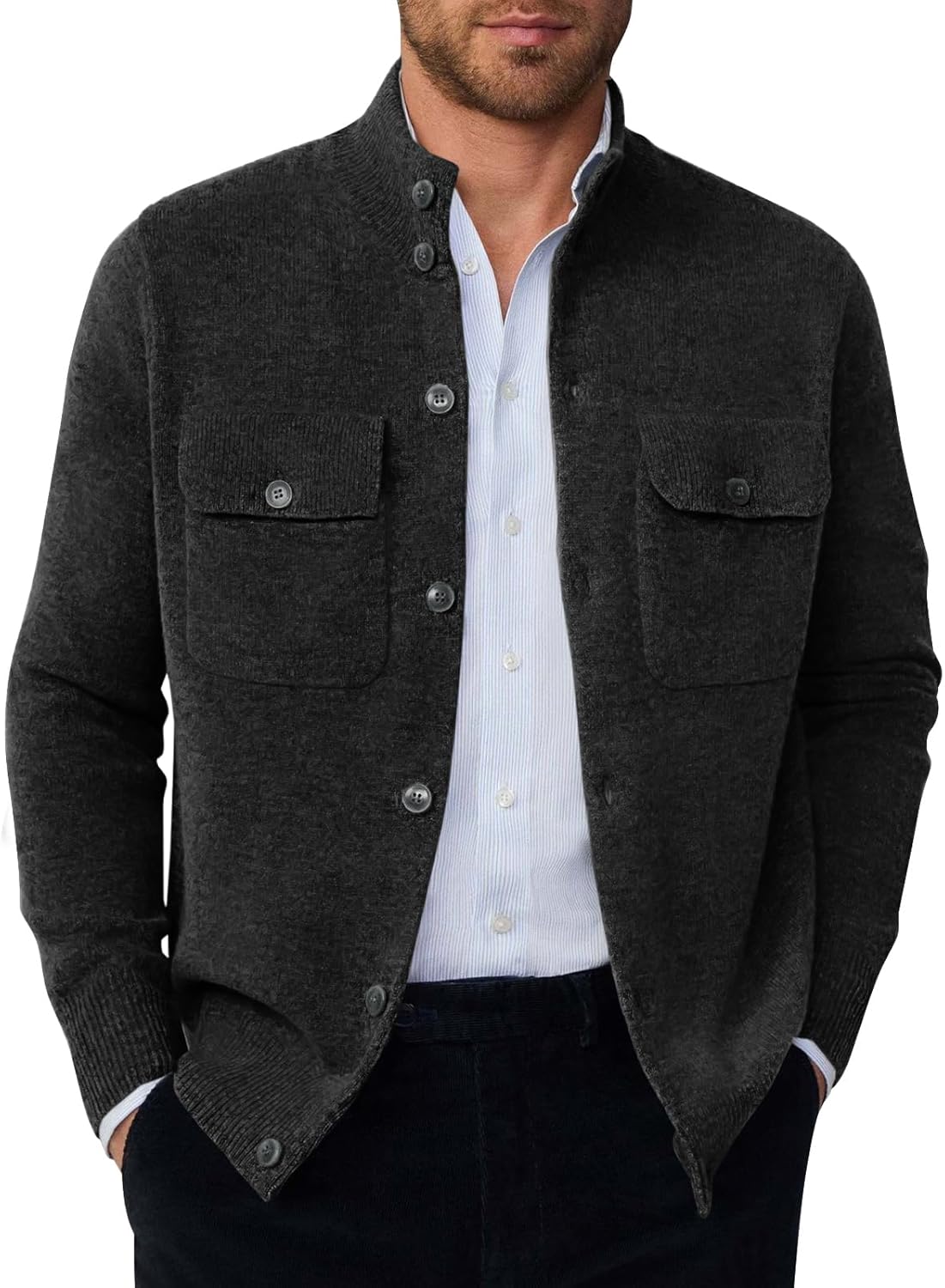 Runcati Mens Stand Collar Cardigan Sweater Button Down Long Sleeve Cardigan Jacket Casual Winter Knitted Sweaters