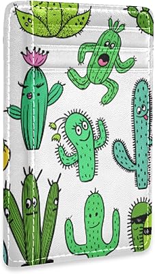 Green Turquoise Funny Cactus and Succulent Characters Seamless Slim Minimalist Wallet, Front Pocket RFID Blocking Leather Credit Card Holder, Case Protector Covers for Men Women