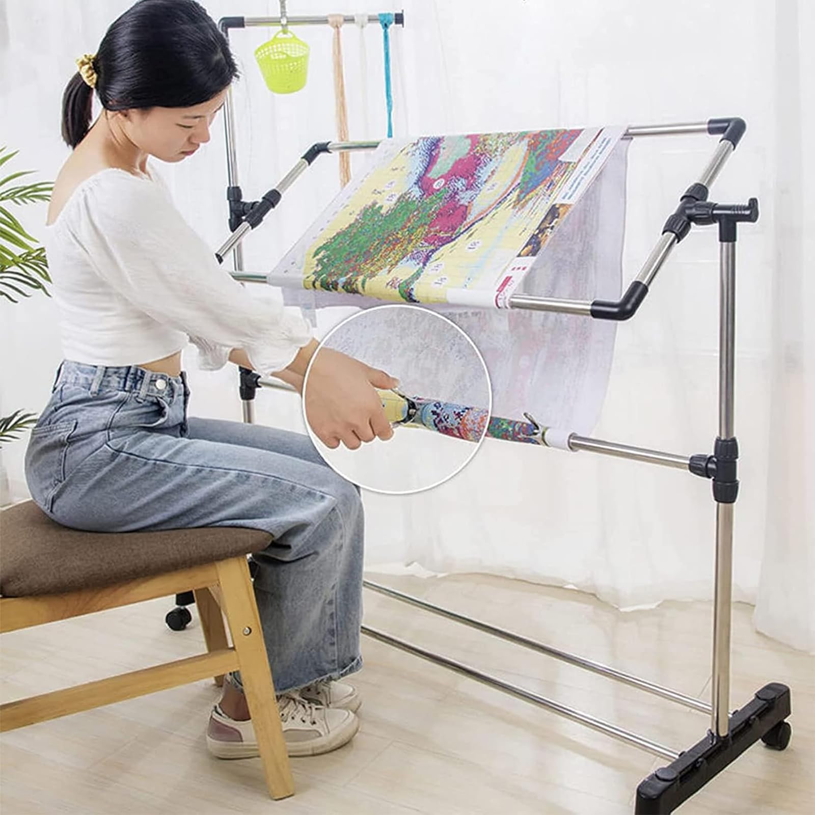 Este Bastidor de Bordado de Suelo, Soporte Ajustable para Costura de Punto de Cruz, Soporte Giratorio de 360° con polea, Mesa de Regazo de 100 cm