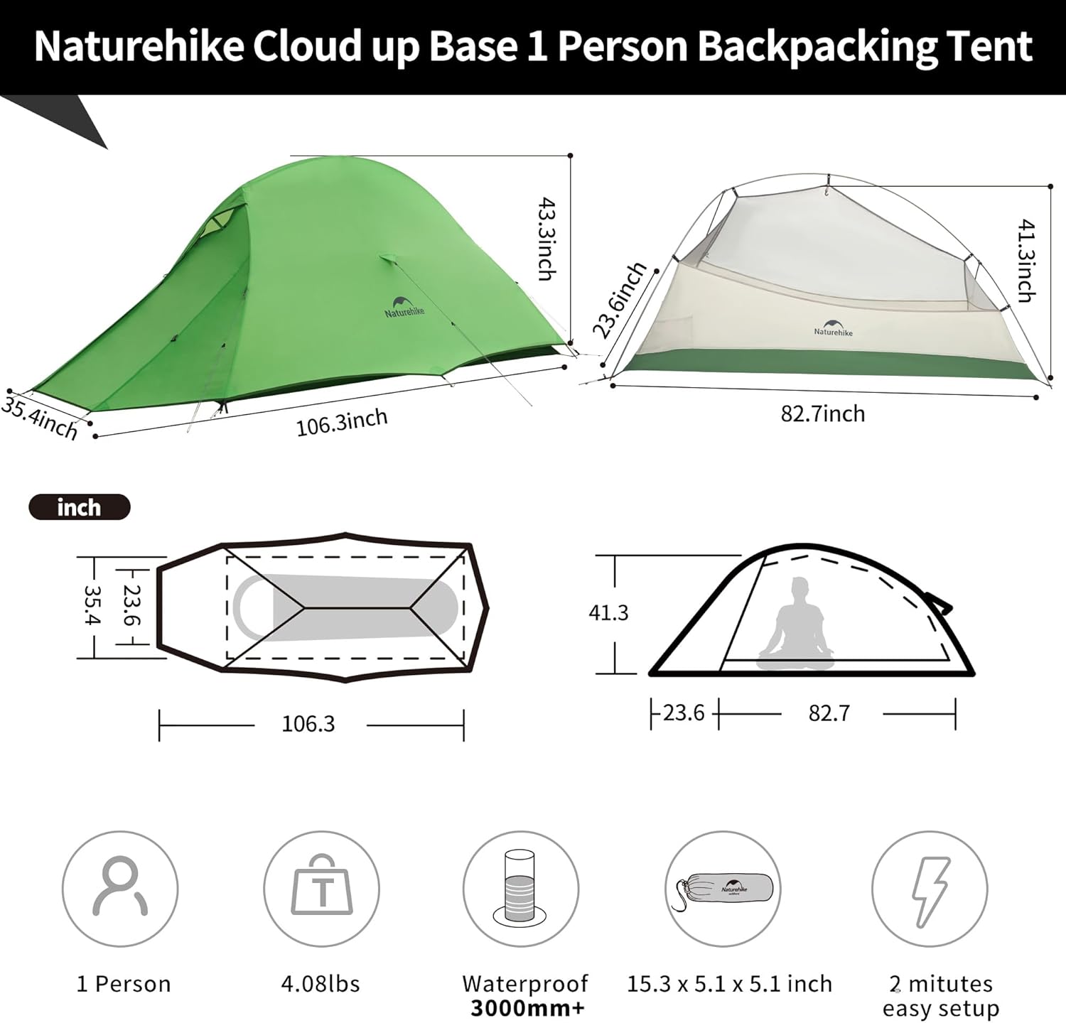 Naturehike Cloud Up 1 Person Tent, Lightweight Backpacking Tents for One Man, Waterproof Ultralight One Person Tent for Camping Hiking Backpacking