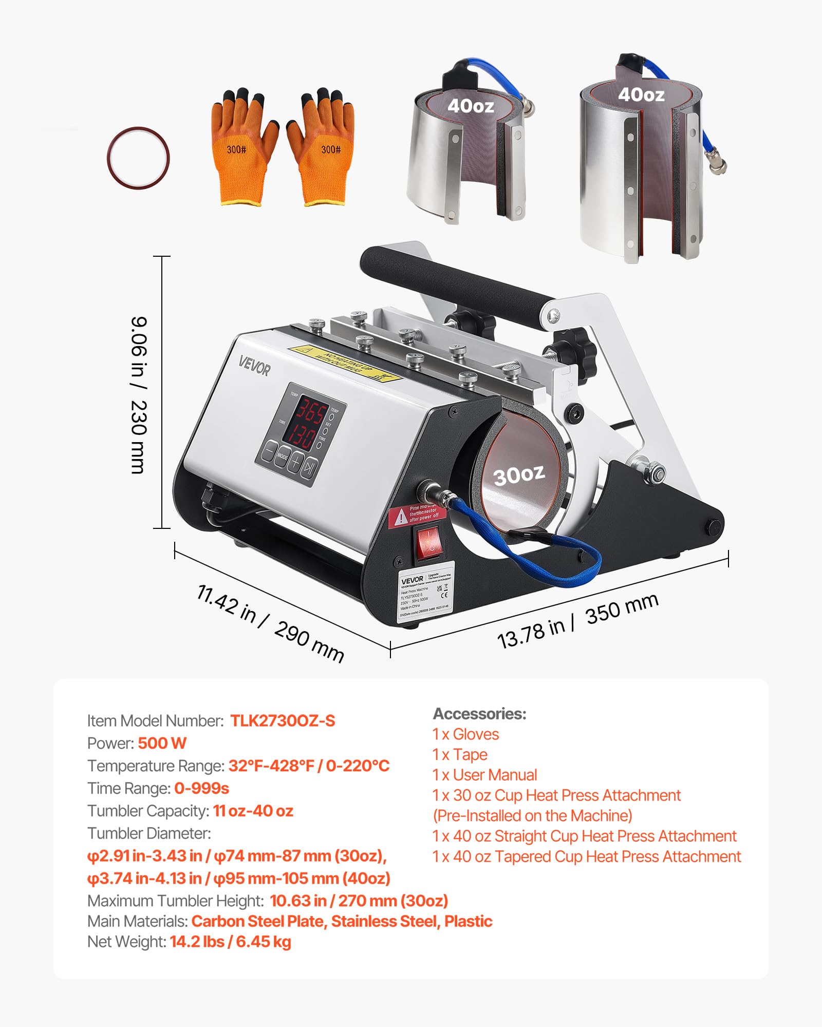 VEVOR Prensa de Calor para Tazas Prensa Térmica para Vasos Máx. de 1183 mL, Control de Temperatura Temporizador Cinta Guantes, Máquina de Sublimación para Vasos de Acero Inoxidable Vidrio Cerámica