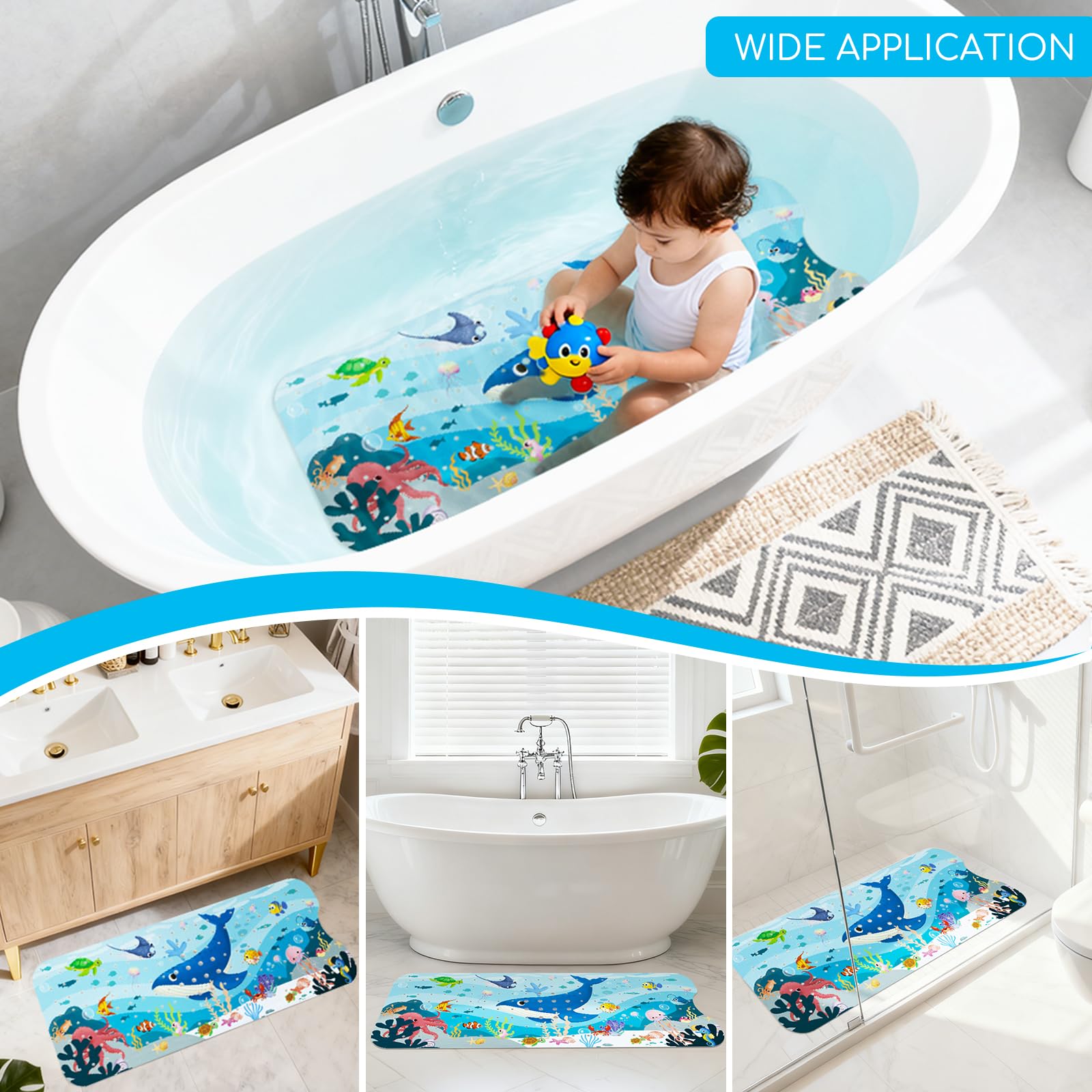 Tapis de Bain Antiderapant Baignoire Bebe 100x40 cm, Extra Tapis Salle de Bain Antidérapant pour Enfants et Bébé avec 200 Ventouse Matériel de PVC, sans BPA et Lavable en Machine - Baleine