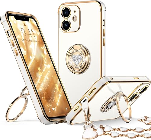 Miniatura 37 de XYZ Funda para iPhone 14 con soporte, funda para teléfono con soporte de doble anillo, para mujeres y niñas, funda transparente con purpurina de Oro