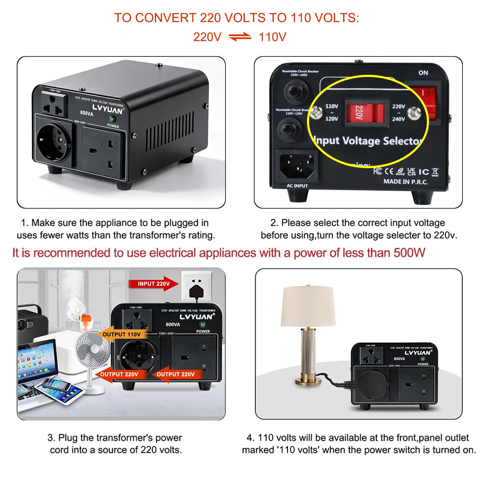 Cantonape Convertitore di tensione 800 VA 220 V/110 V - Trasformatore ascensore/riduttore di tensione da 800 W USA, uscita 110/120 Volt 220/230 Volt AC