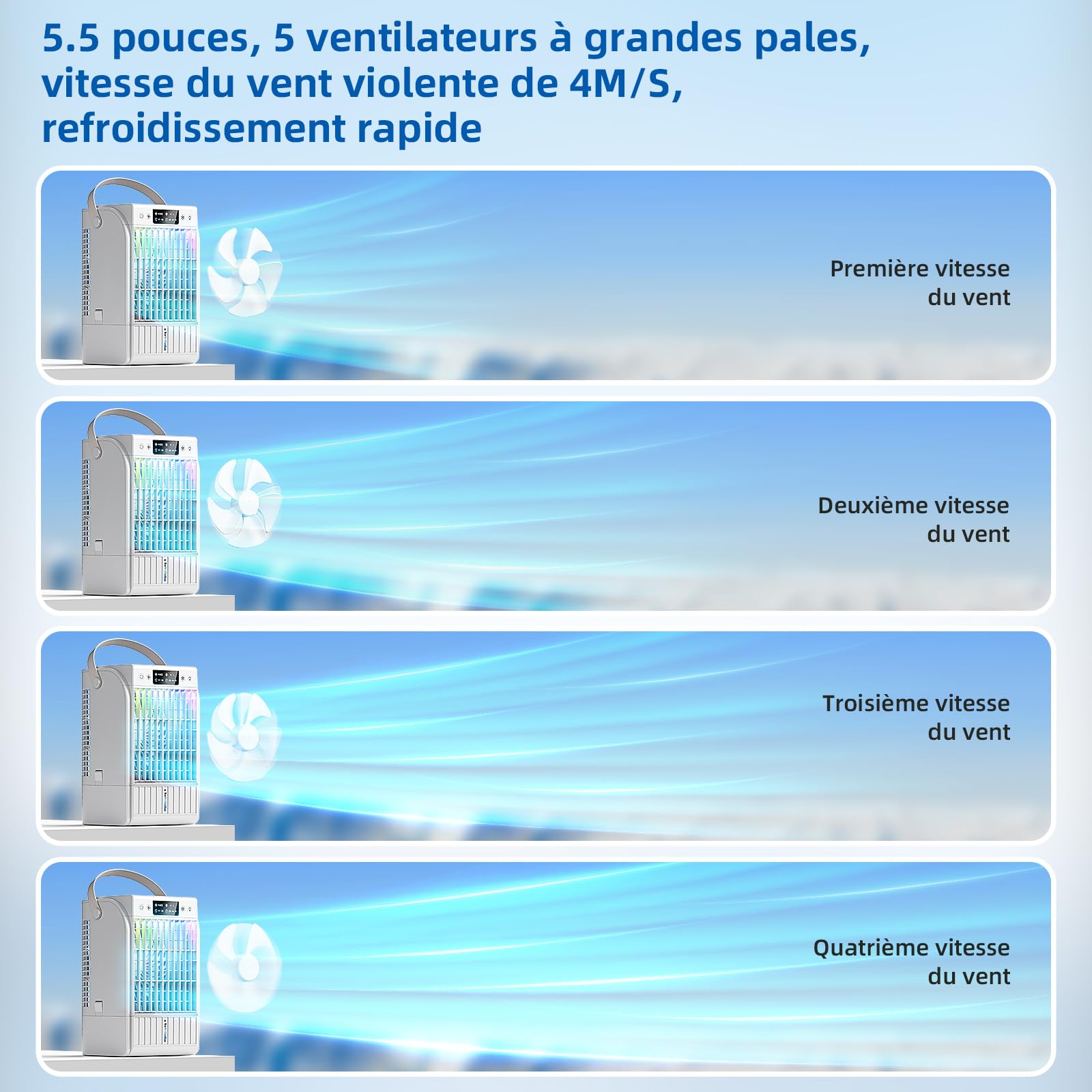 Climatiseur portable, mode atomisation, mini ventilateur à 4 vitesses, ventilateur de refroidissement programmable,lanternes RGB, convient aux chambres et aux bureaux - blanc pur