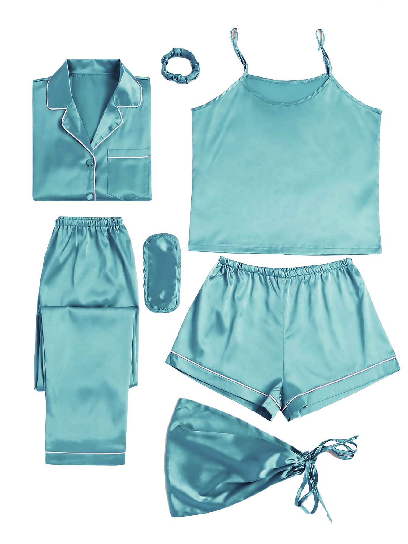 LYANERWomen's Pajamas Set 7pcs Silk Satin Sleepwear Loungewear Cami Shirt Pj Set