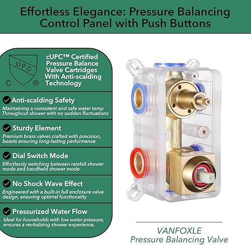 Miniatura 6 de VANFOXLE Juego de grifo de ducha, sistema de ducha de temperatura dorado cepillado, grifo de ducha desviador de botón con cabezal de ducha LED de