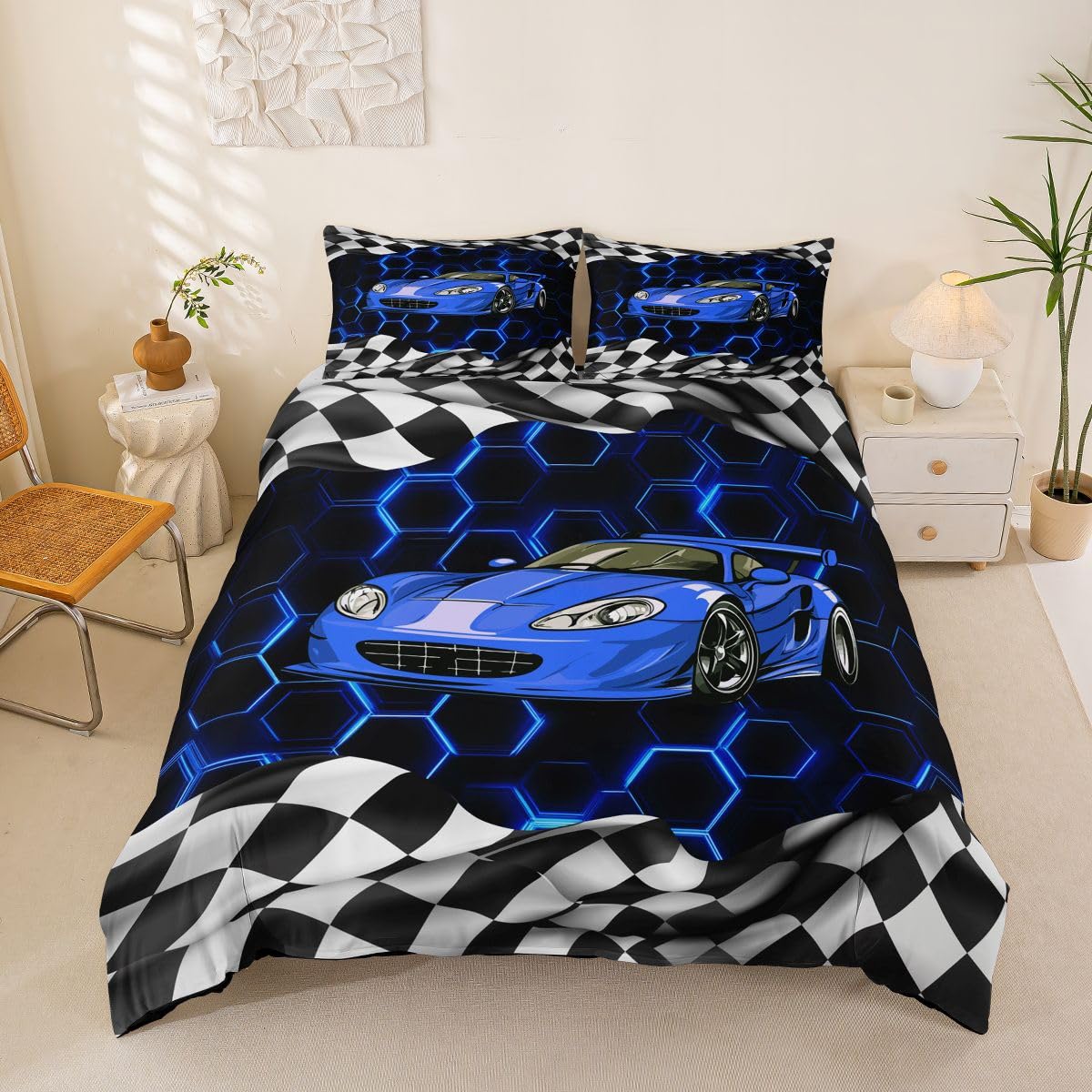 Homemissing Blue Honeycomb Race Car Duvet Cover Set Super King Size For Kids Boys Girls Speed Sports Car Bedding Set Racing Flag Duvet Cover with 2 Pillowcases Geometric Bedding