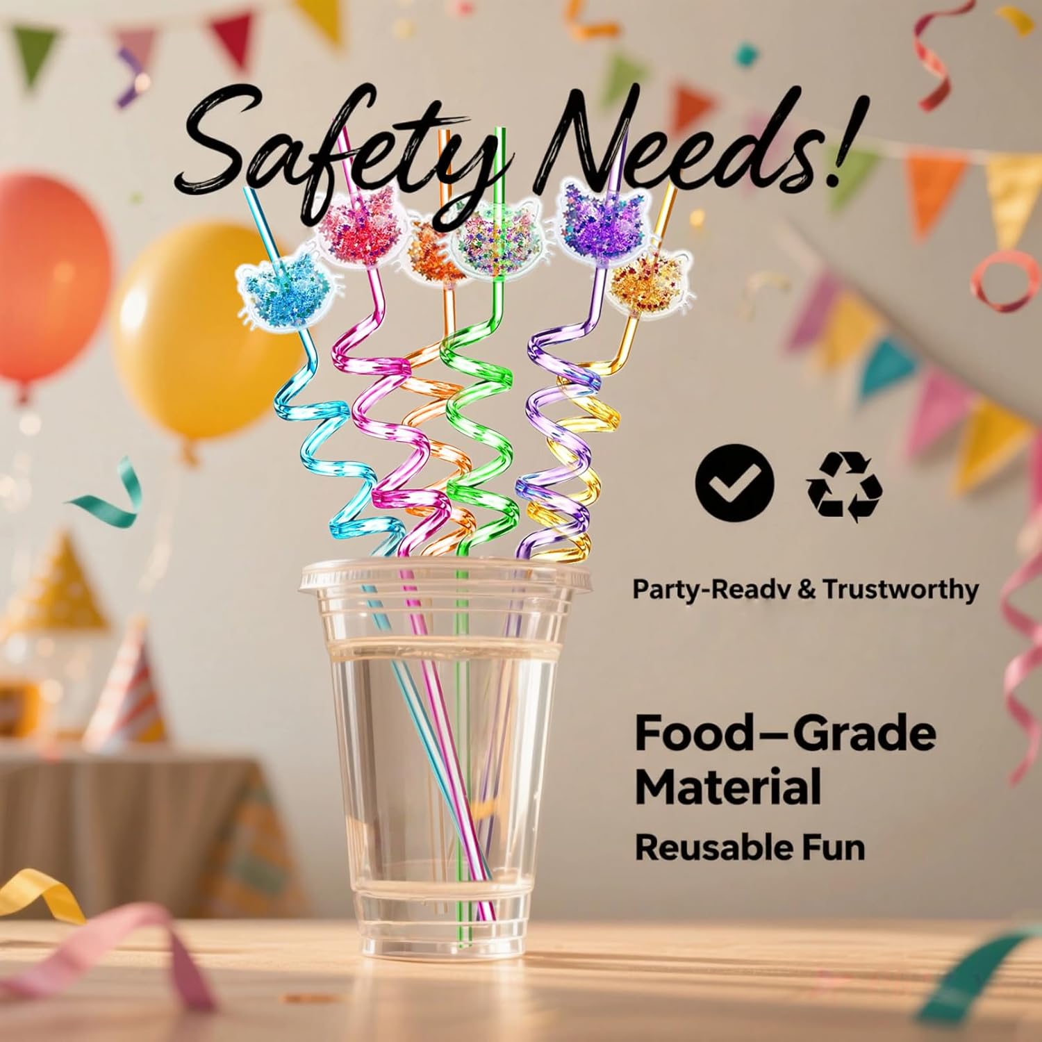 24 Glitter Cat Straws，Reusable Straws with 24 Detachable Kitty Charms - 6 Colors Spiral Party Drinking Straws ，2 Cleaning Brushes for Birthdays, Christmas, Kids & Adults - Image 8