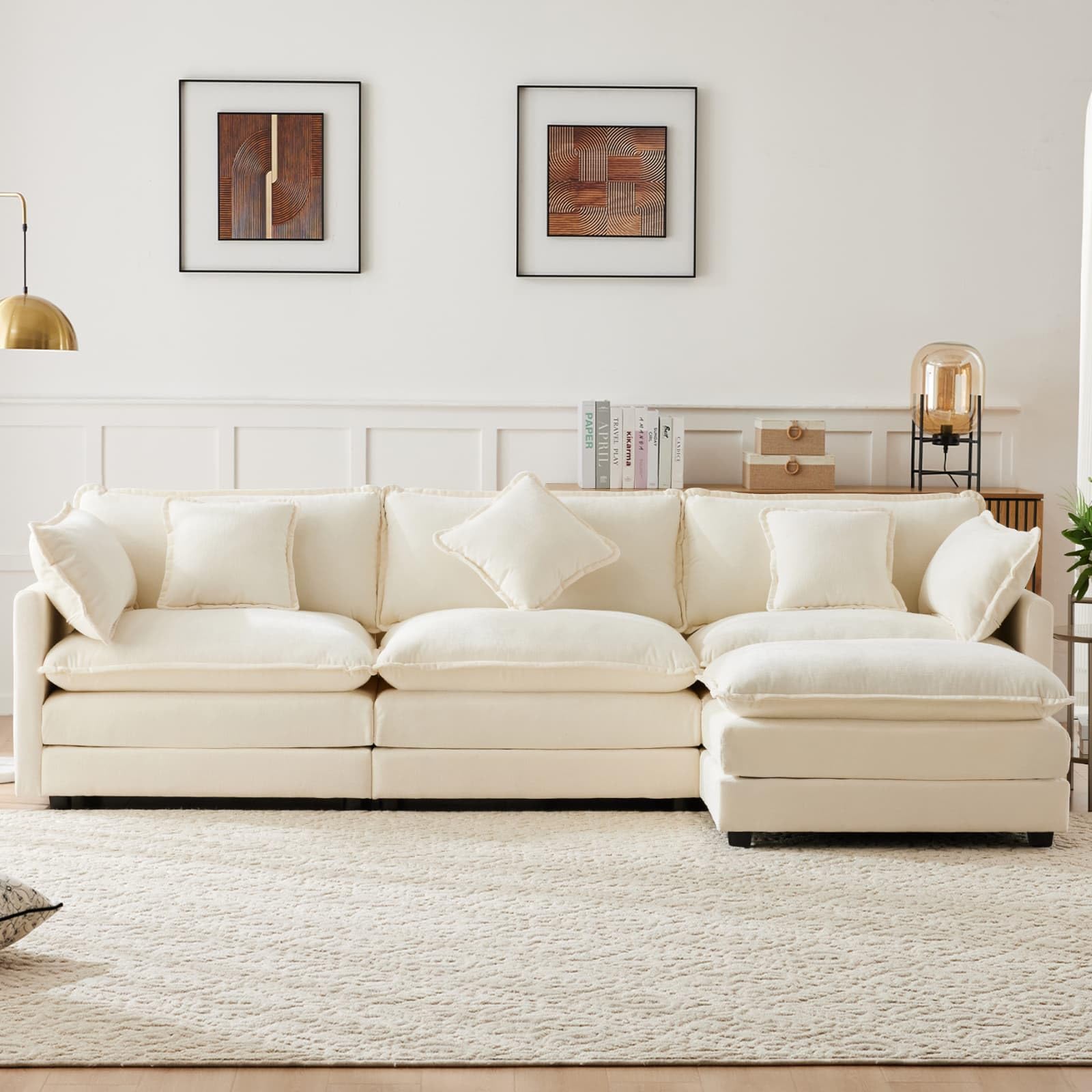 KOMHTOM Canape d Angle Gris/Beige avec Coussins, canape 3 Places avec Pouf Canapé Moderne pour Salon Grand canapé (Beige)