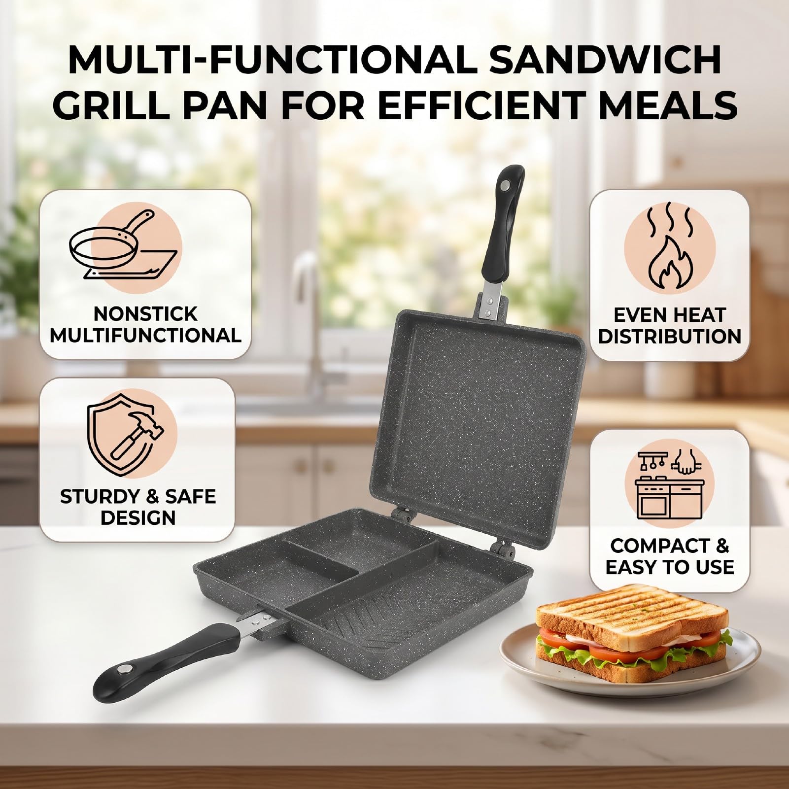 Padella Pressa per Sandwich Al Fornello, Piastra in Alluminio | Piastra Antiaderente a Calore Uniforme, Superficie Anti-graffio, Resistente Al Grasso e Facile da Pulire, Design Piatto Che