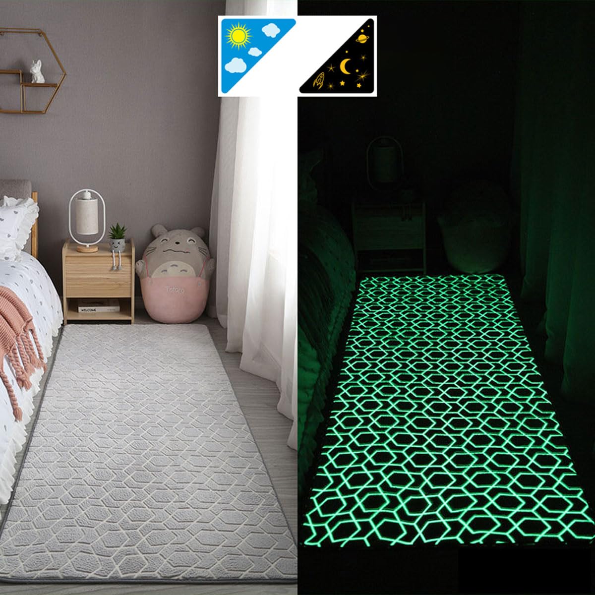 Single tree forest Glow-in-the-dark children's bedroom bedside carpet, home decoration washable play rug, crawling mat-Luminous-Grey diamond grid-190 * 280cm