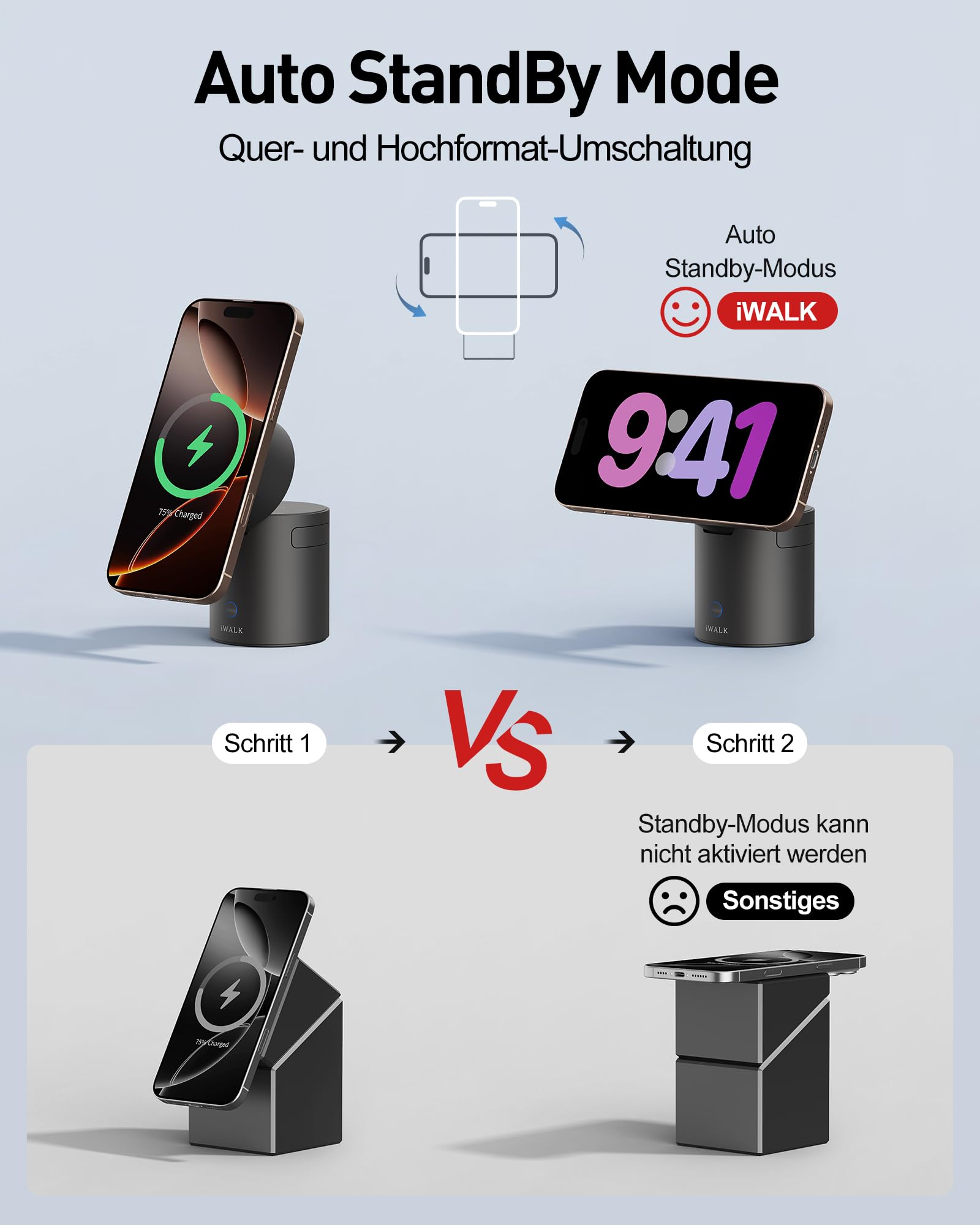 iWALK 3 In 1 Wireless Ladeständer Mit Automatischer Rotation, Ladestation Mit Magnet Für Apple Geräte, 15W Klappbare Wireless Ladestation Für iPhone 17 16 15 14 13 12 & Apple Watch & Airpods