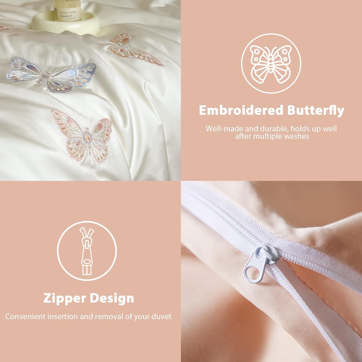 Tencel Lyocell Duvet Cover Set Queen Size, Pink Ultra Soft Breathable Silky Duvet Cover for Hot Sleepers - 1 Embroidered Butterfly Duvet Cover 90x90 Inches with Zipper Closure, 2 Pillowcases - Image 5
