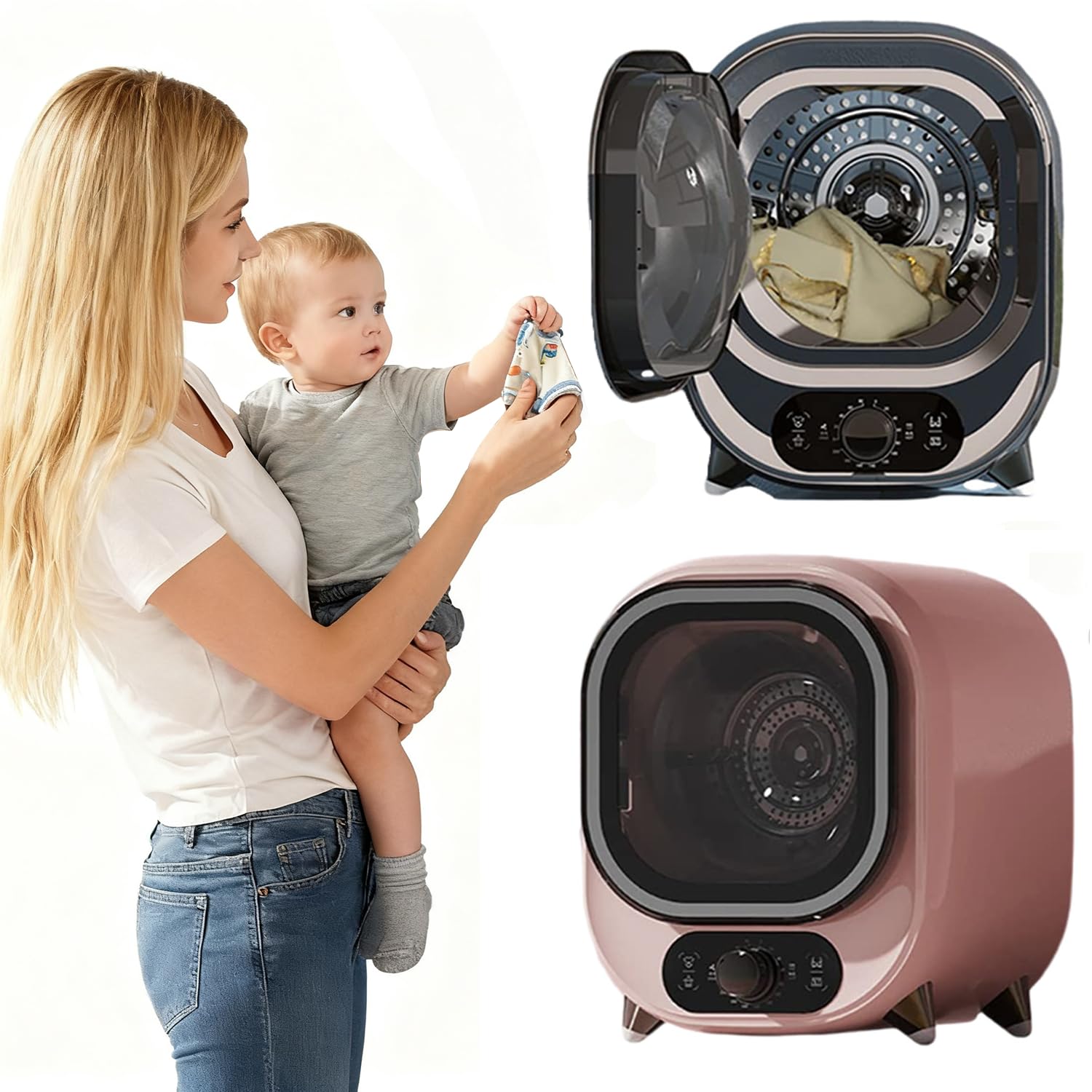 Secadora de Ropa Interior pequeña de 35 dB, Secado Tridimensional con Aire Caliente y frío, portátil de 18 L de Capacidad, con Control de Temperatura Dual y Perilla de un Solo Toque. Pink