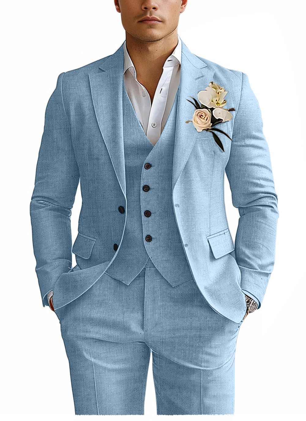 Linen Mens Suits 3 Piece Slim Fit Tuxedo Suit for Men Beach Wedding Formal Business Suit Groom Prom Set Outfits, Blue, L