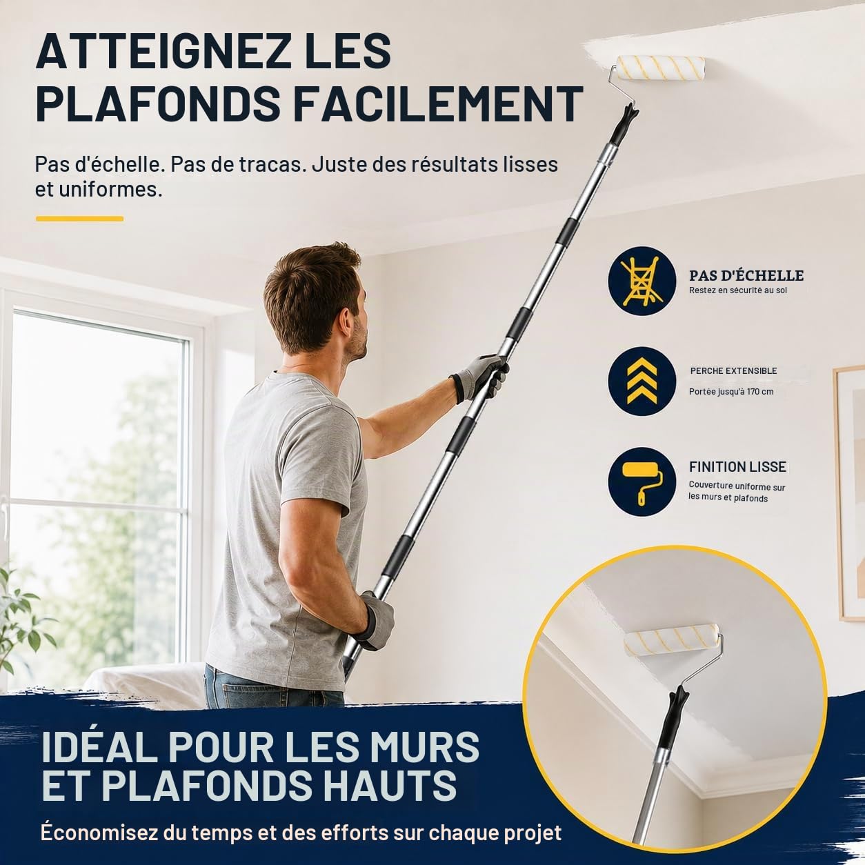 Rouleau de Peinture avec Manche Amovible étendu, Long Outil de Peinture Murale Domestique, Pinceau Mural pour Murs et plafonds (Rouleau de Peinture Le kit)