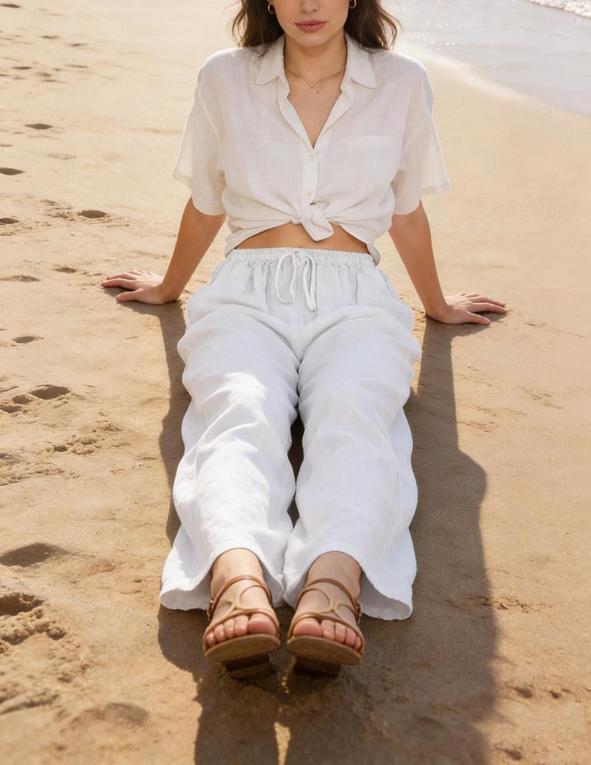 CHARTOU Women's Summer Drawstring Waist Wide Leg Loose Cotton Linen Palazzo Pants - Image 3