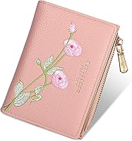 Lapensa RFID Blocking Women's Wallet - Soft PU Leather Bifold Purse with Zipper Coin Pocket, ID Window & Flower Design (Pink)