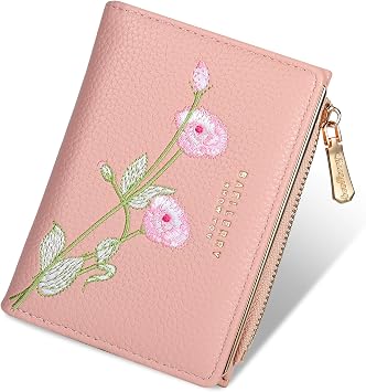 Wallets for Women- RFID Blocking- Soft PU Leather Bifold Coin Zipper Pocket Purse-Small flower wallet Credit Card Holder with ID Window Pink