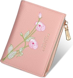 Wallets for Women- RFID Blocking- Soft PU Leather Bifold Coin Zipper Pocket Purse-Small flower wallet Credit Card Holder with ID Window (Pink)