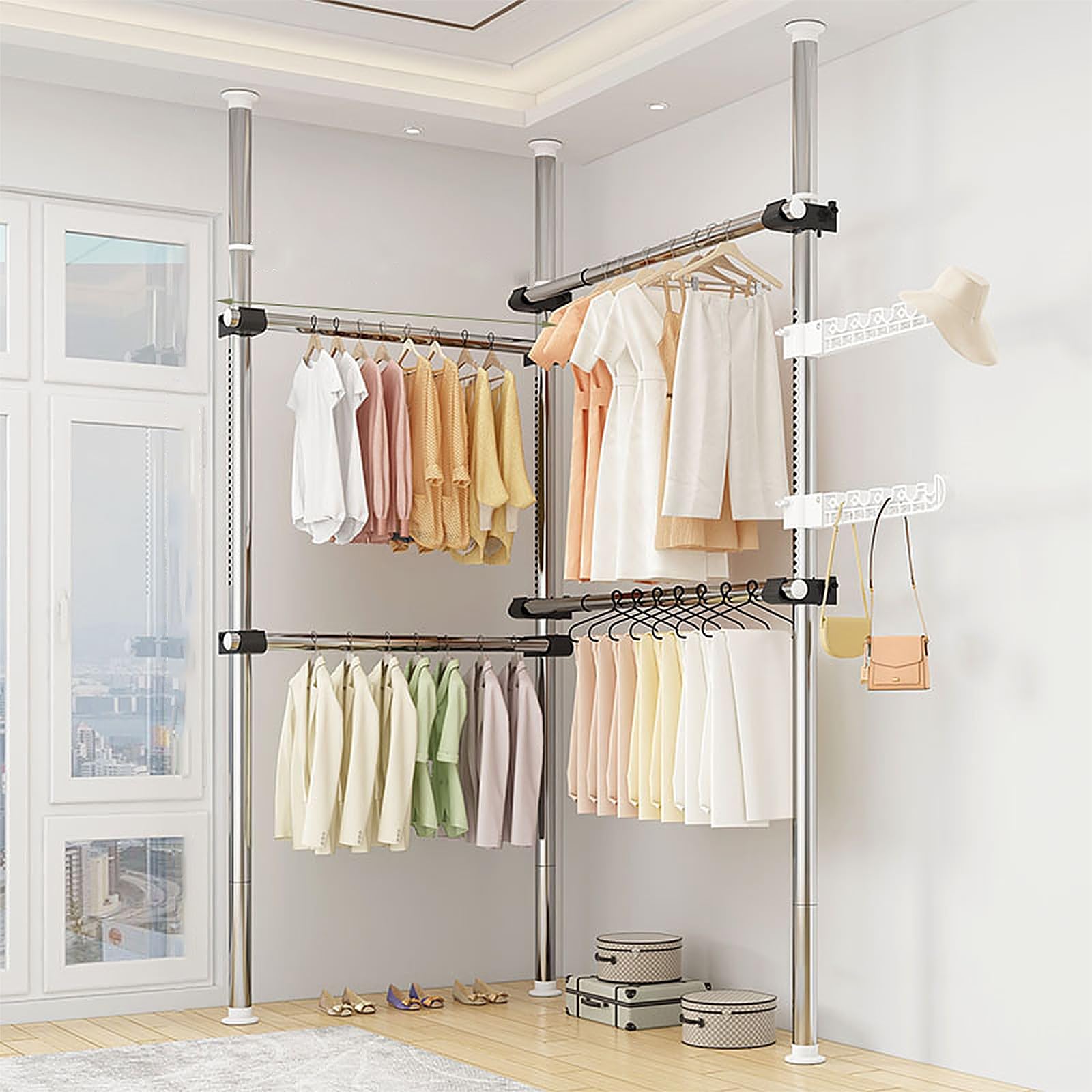 Metall Kleiderschrank, Kleiderständer Doppelt, Kleiderstangen Wandsystem ohne Bohren, verstellbar und erweiterbar, aus Kohlenstoffstahl, für Schlafzimmer, Wohnzimmer(Silver,3 vertical 4 horizontal)
