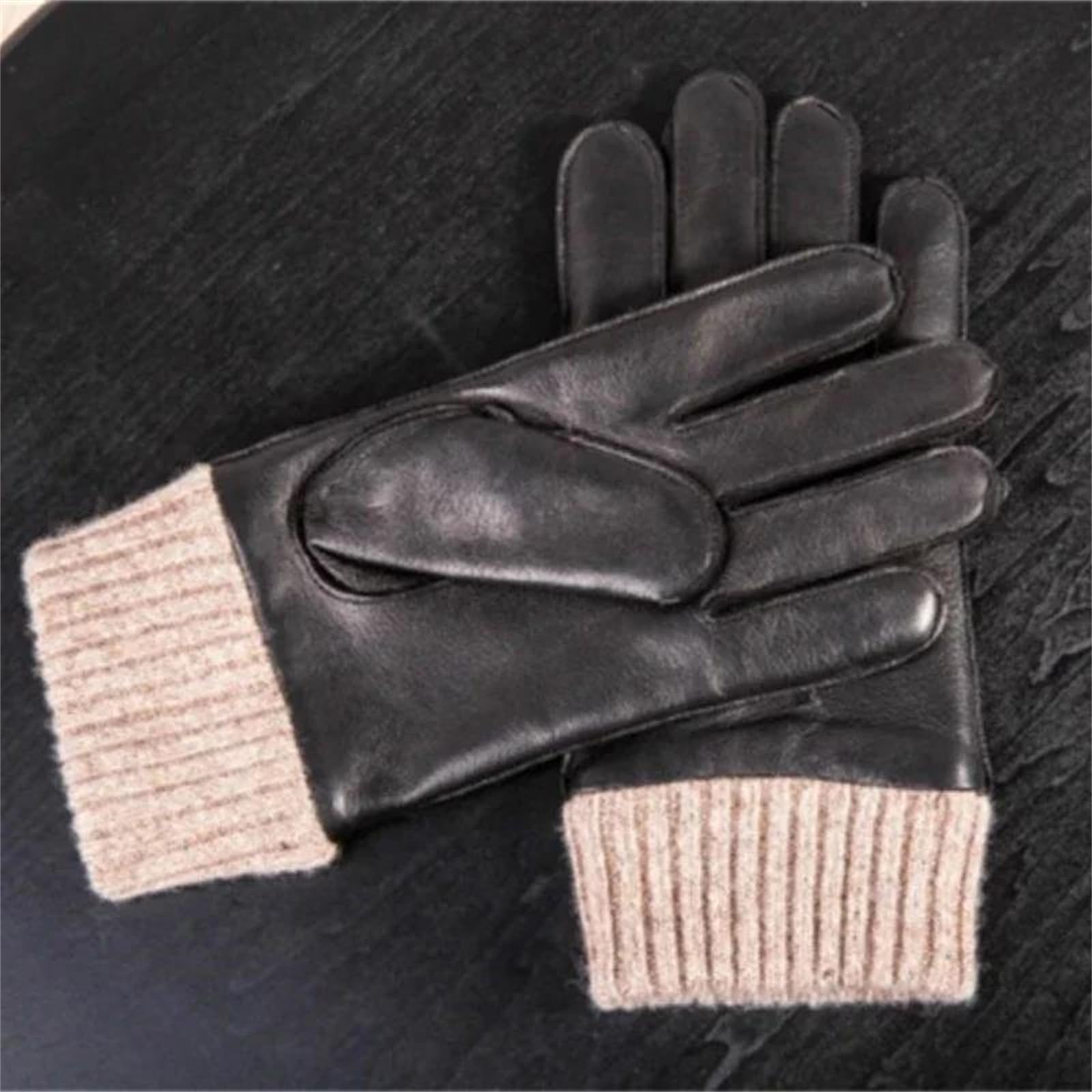 Guantes de piel de oveja auténtica para hombre, ondulados, para pantalla táctil, con forro de lana, guantes de conducción cálidos para invierno