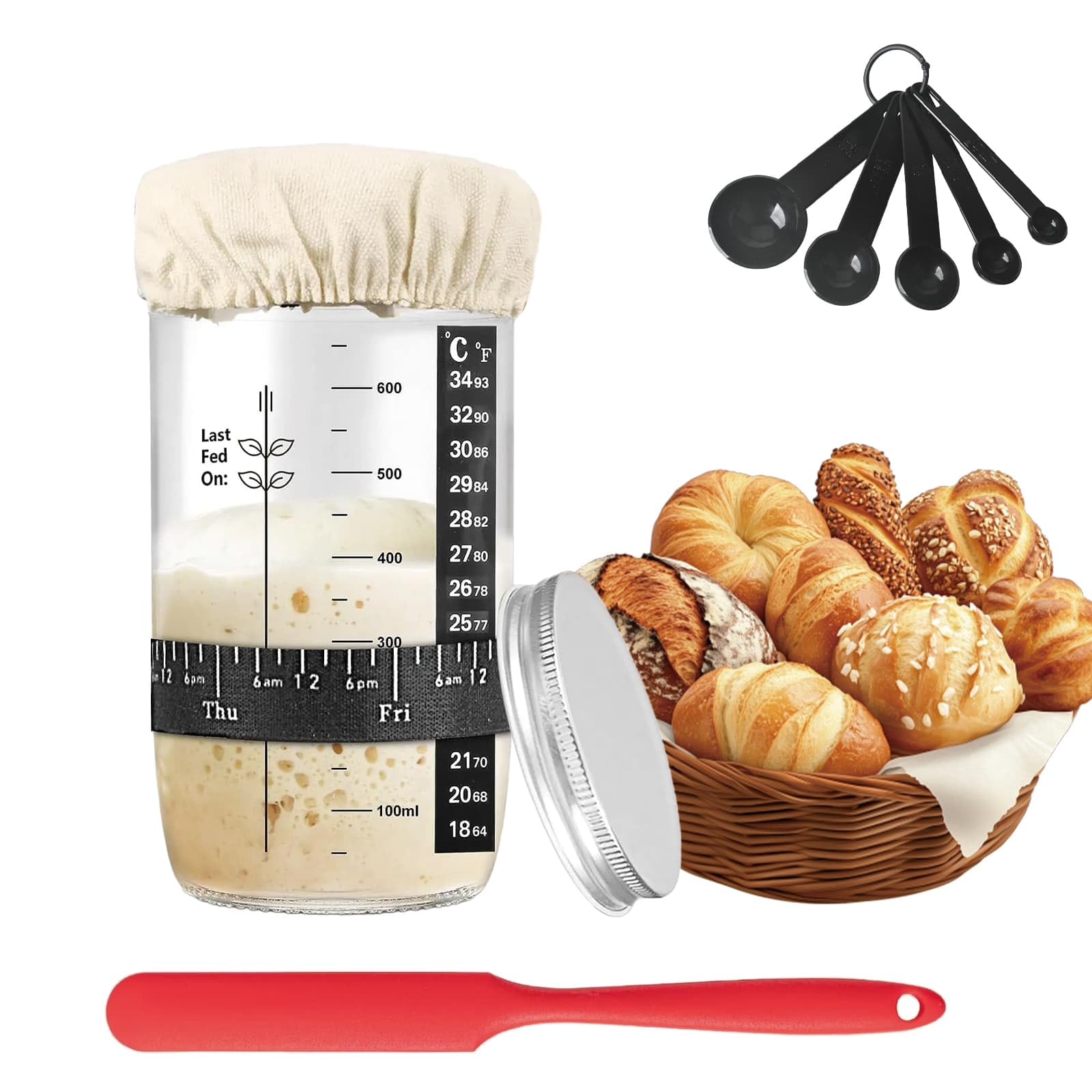 Dyuee Transparent Sourdough Starter Jar Kit, 1000Ml Sourdough Starter Jar With Aluminum Lid, Date Marked Feeding Band, Silicone Scraper, Cloth Cover And Thermometer Band, Small Spoon, For Sourdough Bread Baking Supplie