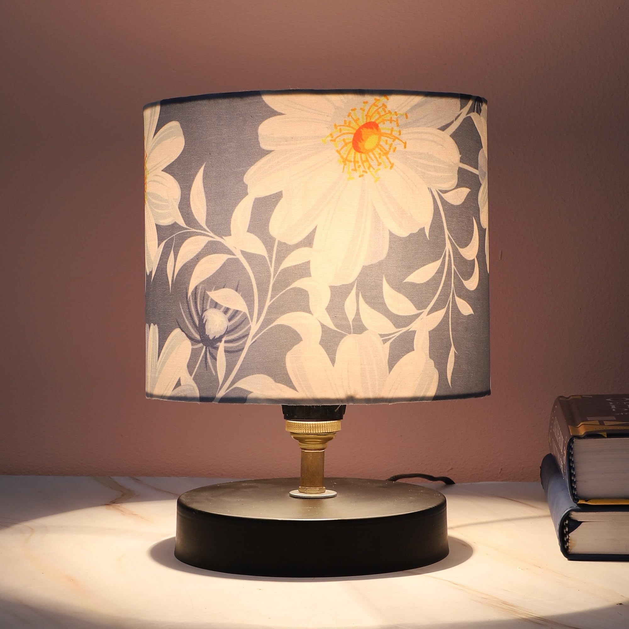 tu casa Urban Radiance Black Metal Base Table Lamp with Narcissue Floral Print with Satin Shade for Home Decoration Bedroom Living Room Lounge Office Festival Gifting Study Table H - 9" / No Blub