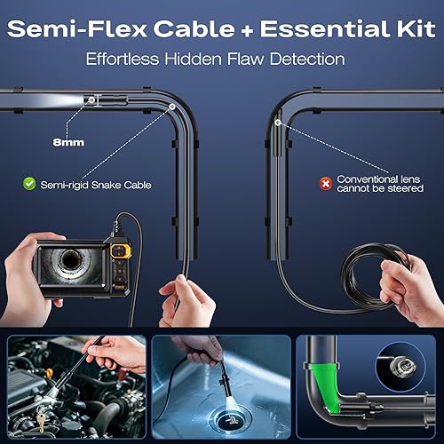 Endoscope Borescope Camera with Light, 4.3" IPS 1920P HD Inspection Camera, 7.9mm IP67 Waterproof with 8 Adjustable LEDs, 16.4FT Semi-Rigid Snake Cable for Sewer, Automotive Engine, Pipe, HVAC