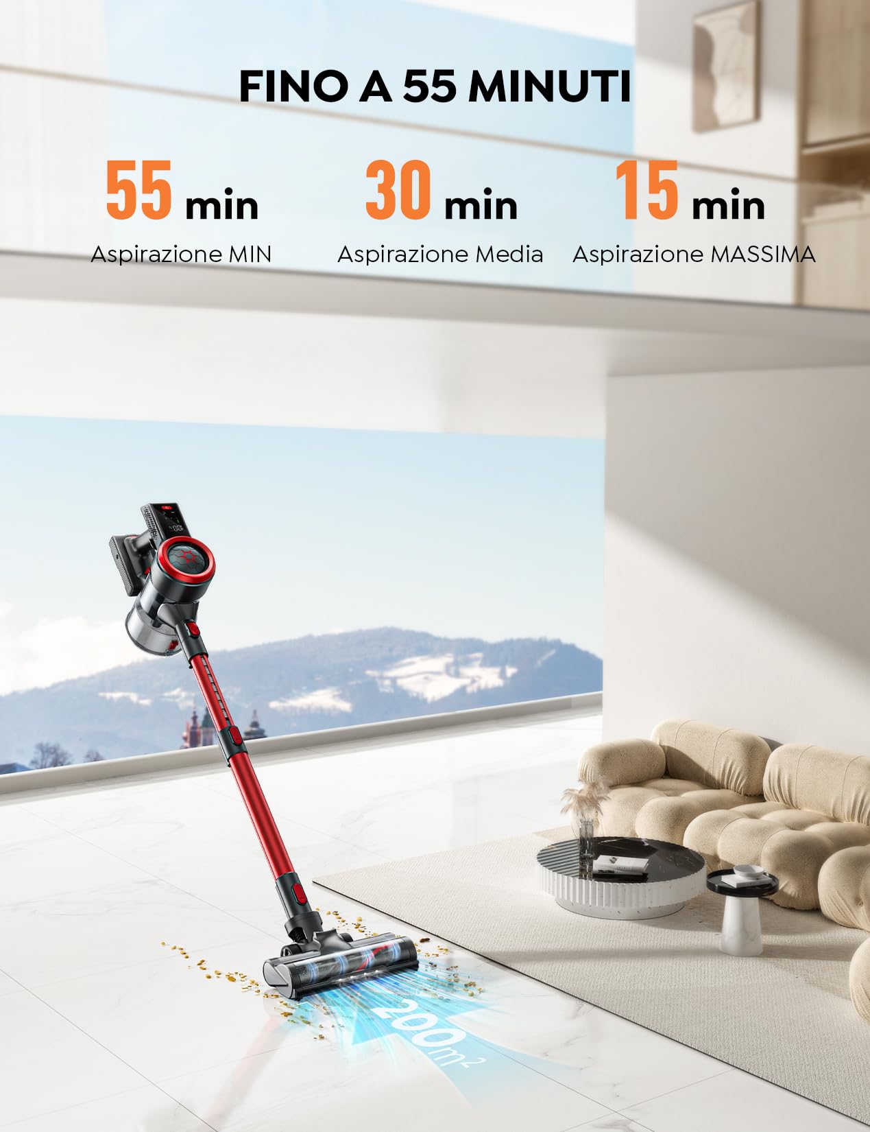 Aspirapolvere Senza Fili 50W/38000pa,55Min Batteria Rimovibile,Scopa Elettrica Senza Fili con modalità automatica e touch screen a LED e funzione antigroviglio,per Pavimenti/Tappeti/Pelosità