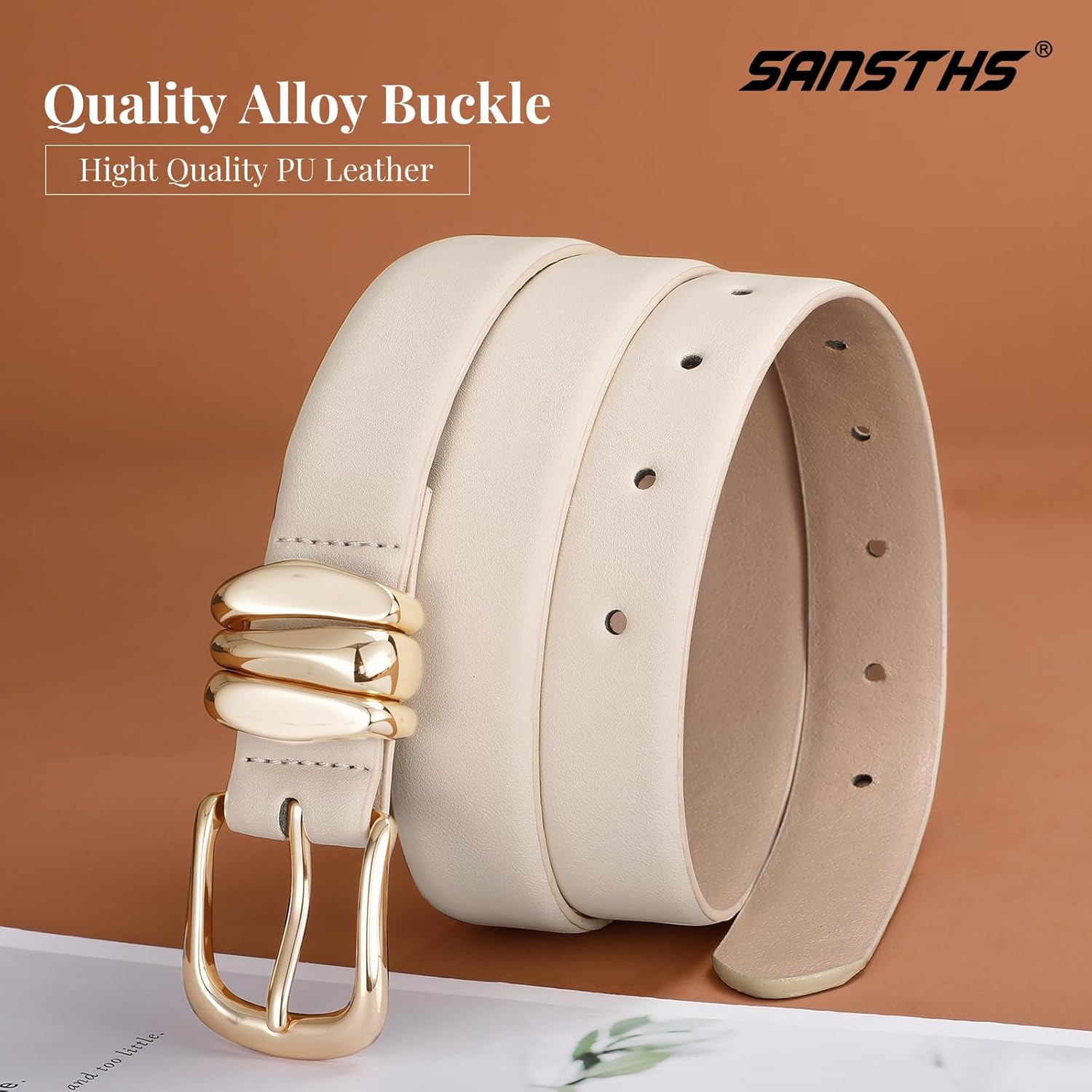 SANSTHS Womens Belt with Statement Triple Gold Keeper Loops, Stylish Ladies Waist Belt for Jeans Dresses Formal Wear - Image 3