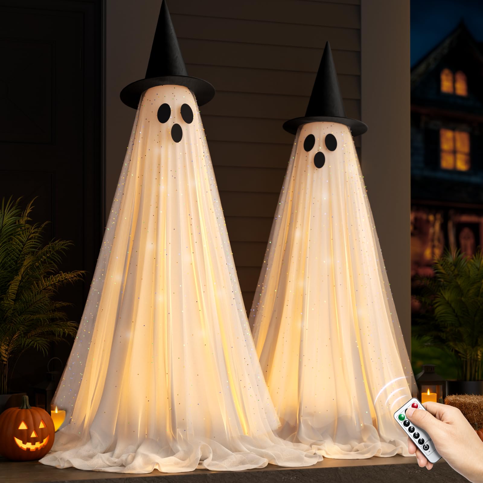 2 Packs 5.5 FT Light Up Ghosts Halloween Decorations Outdoor, Halloween Party Decorations Indoor with Double-Layered Fabric, Remote Control & Timer, Spooky Ghos