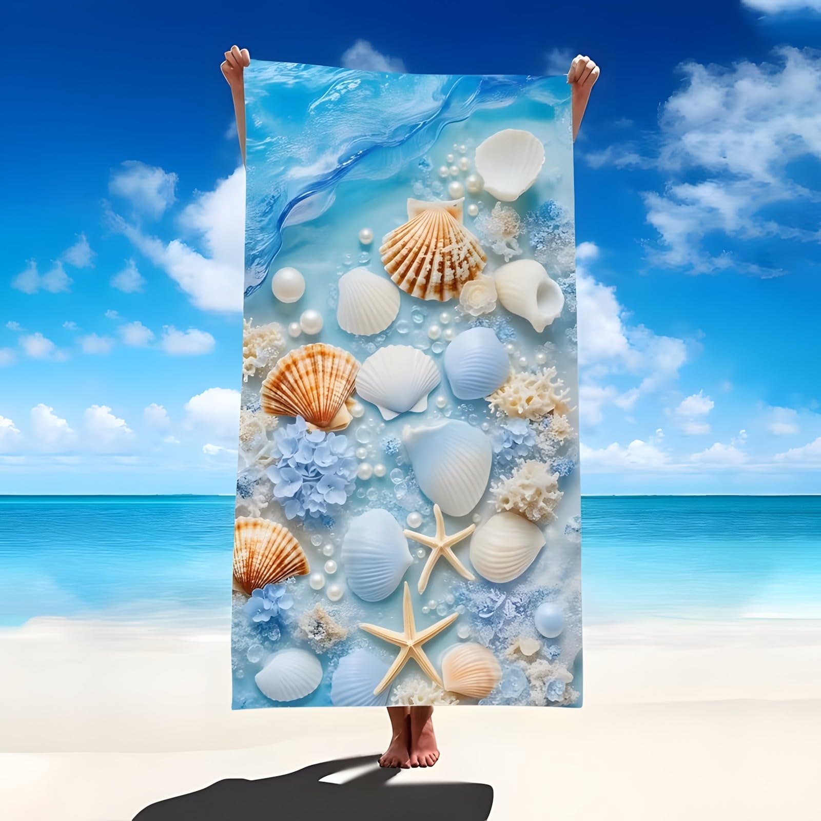 YZQGLHP Seashell Microfibre Beach Towel Starfish Beach Bath Towel Quick Drying, Lightweight, Sand-Free, Durable, for Pool, Gym, Camping, Travel Towel 70x130cm