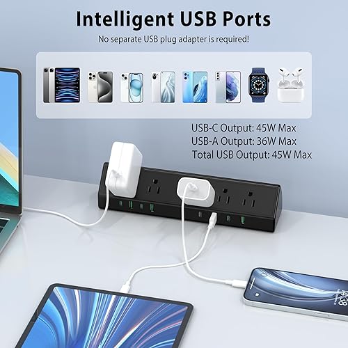 Miniatura 6 de Jgstkcity Regleta de alimentación con abrazadera de escritorio, estación de carga rápida de 45 W, 4 USB-C, 4 USB-A, protector de sobretensiones de