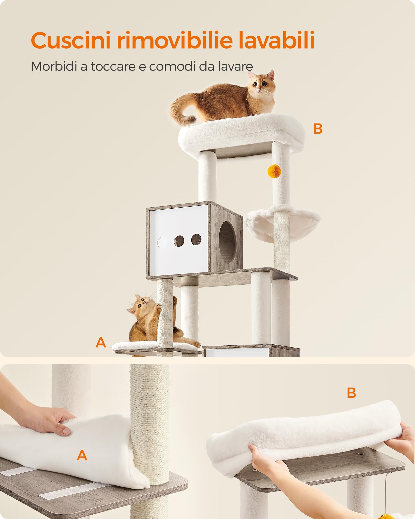 Feandrea Albero per Gatti Moderno, Tiragraffi con Mobile per Lettiera, 185 cm, Condominio per Gatti, Graffiatoi, Trespolo, Cuscini Lavabili, Greige PCT116G01