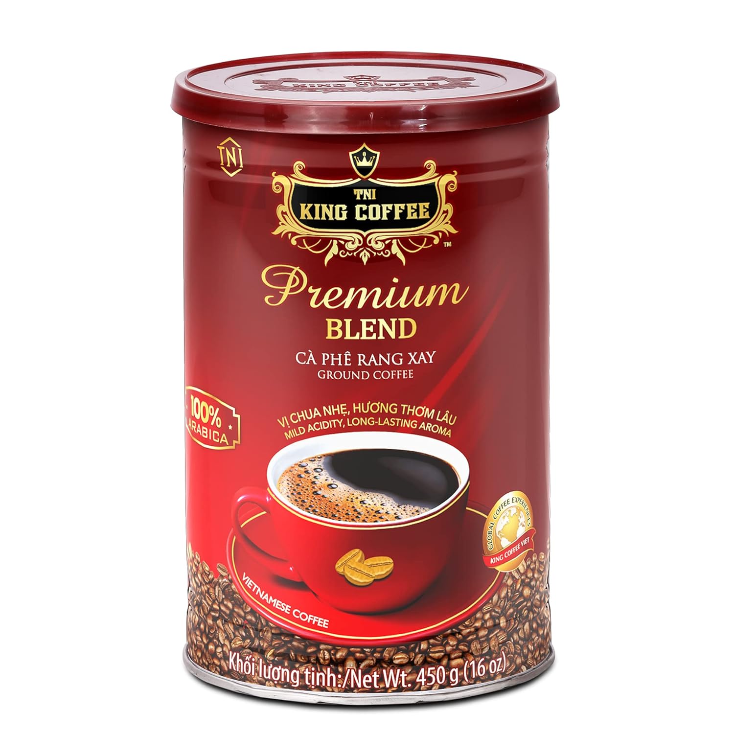 TNI King Coffee Premium Blend 100% Arabica Ground Coffee 16oz Mild Acidity Low Calorie Trung Nguyen International