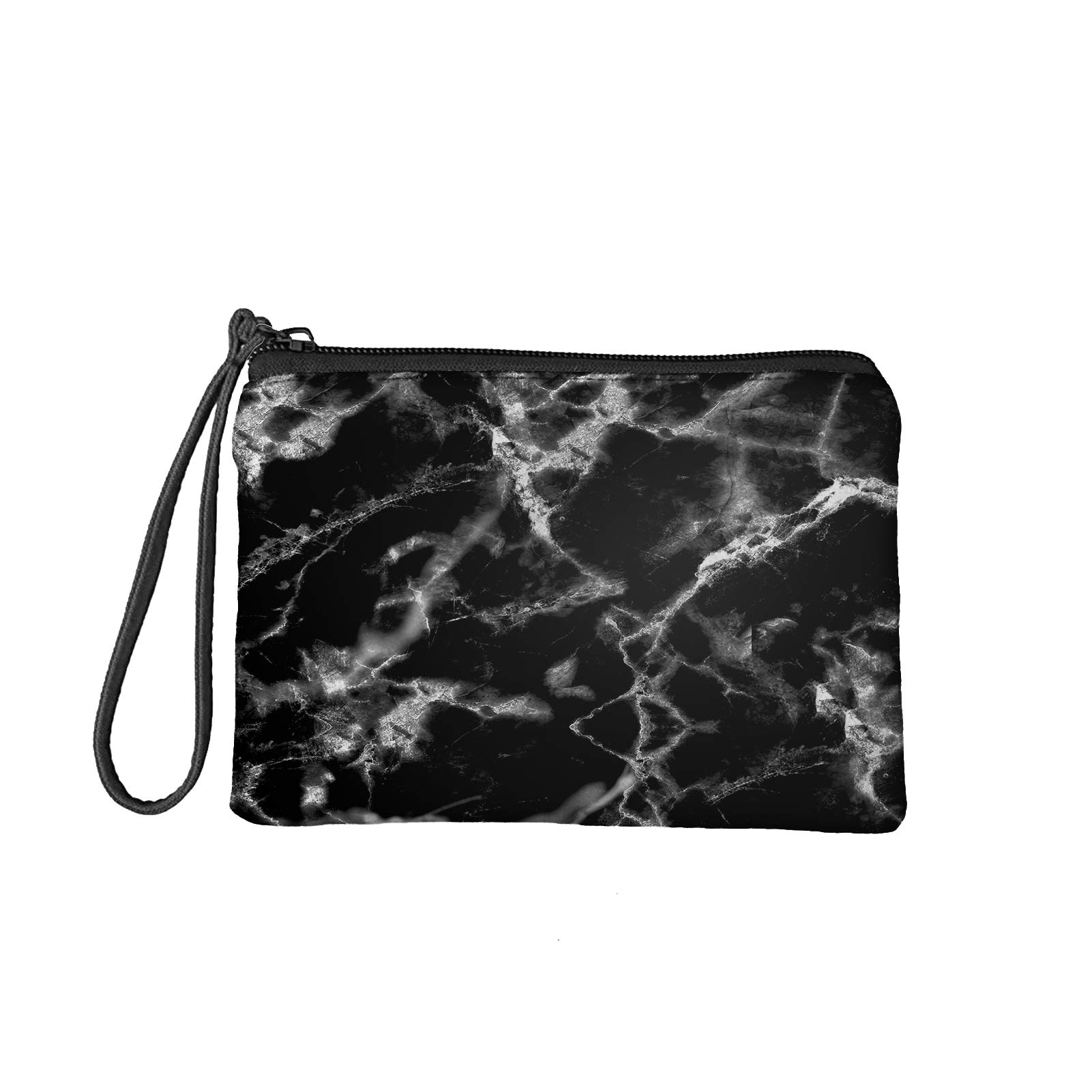 Babrukda Small Coin Purse Marble Texture Black Change Purse Mini Wallet Coin Bag with Zipper Wristlet Strap for Men Women Girls Boys Key Cards