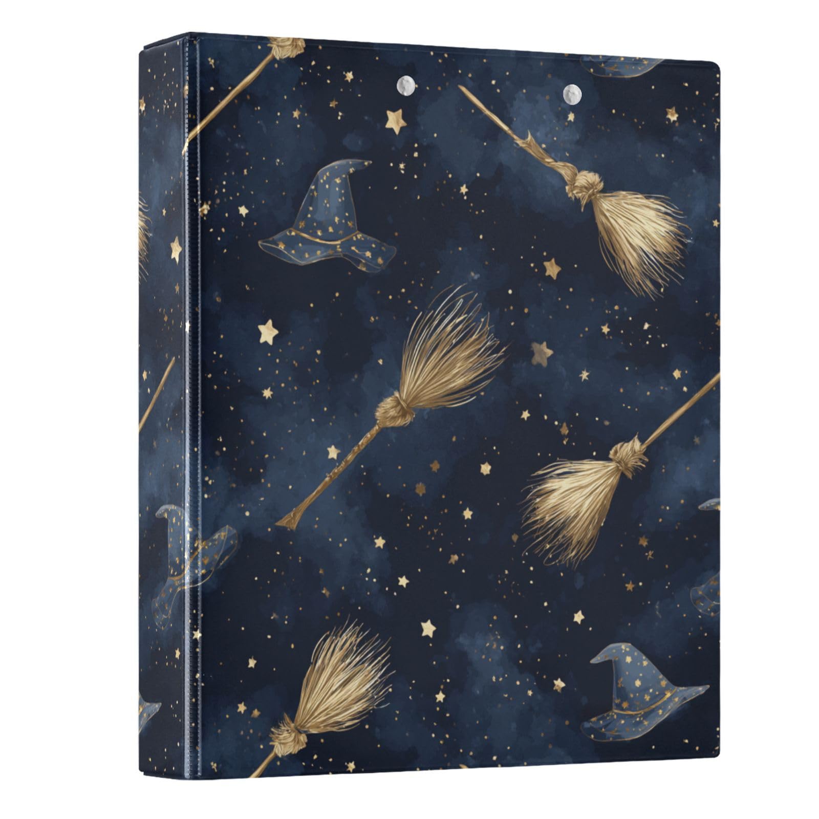 Kcldeci Raccoglitore a 3 anelli con copertina rigida, cappello da strega, scopa e stelle, 3,8 cm, 200 fogli per ufficio, casa, rientro a scuola, confezione da 2