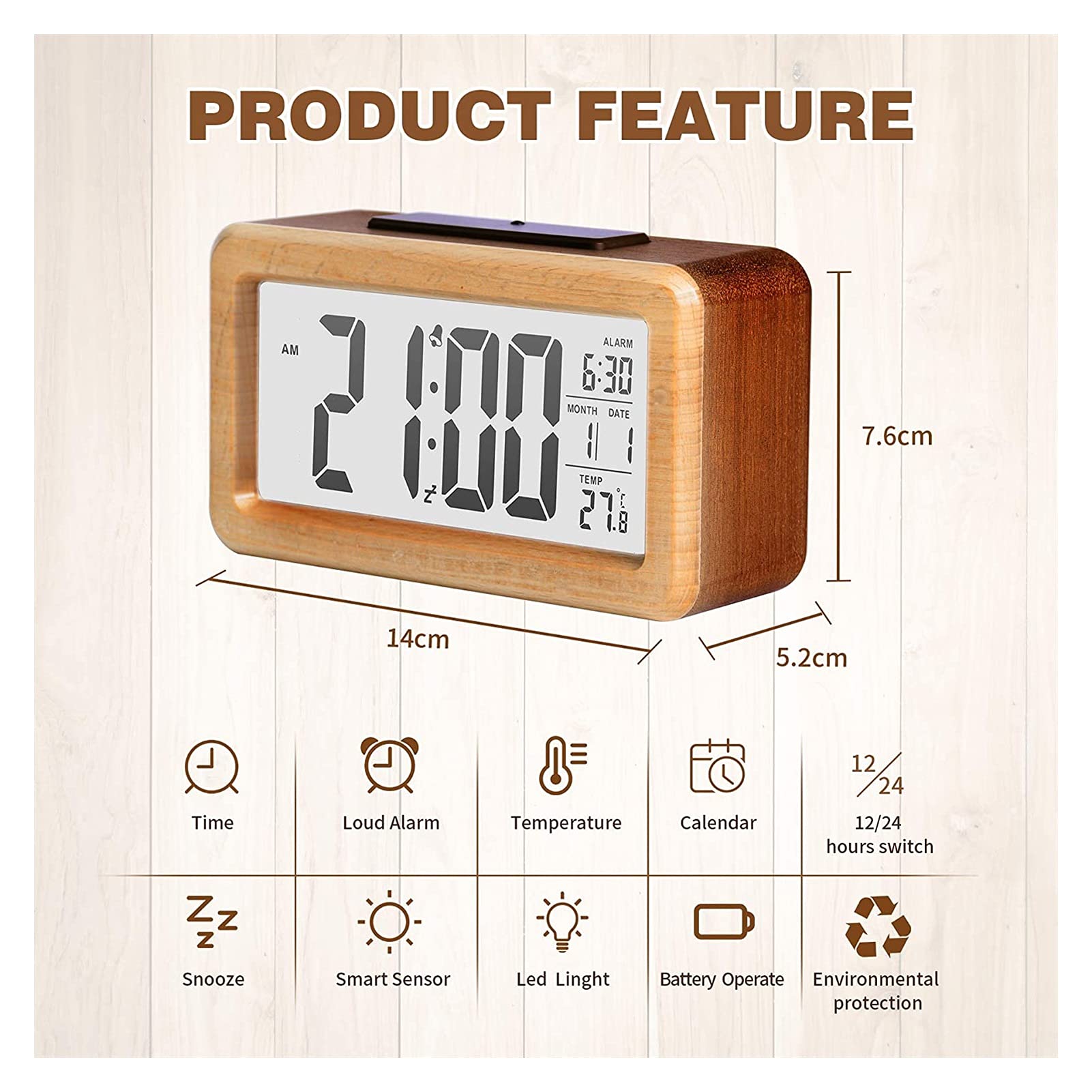 WTL Despertador Reloj de alarma digital Electrónica de madera Reloj de alarma con luz de fondo transparente, Sensor inteligente Luz de noche con snooze, fecha, temperatura, cubierta de roble macizo, o