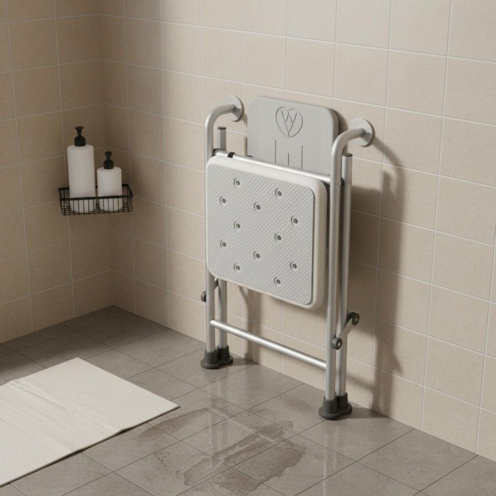 Asiento de Baño Plegable Silla de Ducha Taburete de Baño Banco de Baño con Estructura de Aluminio Antióxido con Patas Antideslizantes y Reposabrazos, Banqueta Plegable C/Respaldo