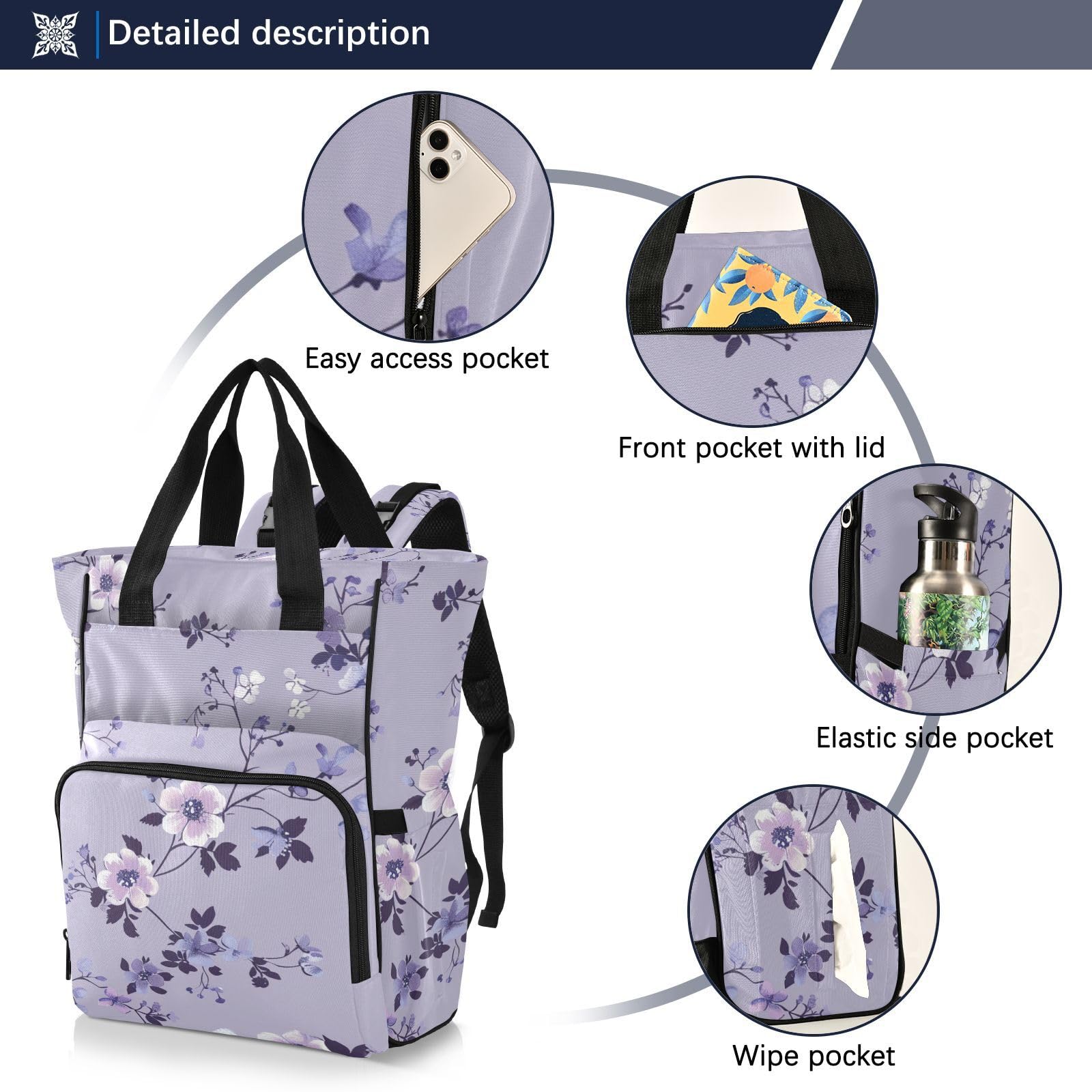 Mochila para pañales para mamás, papás, estilo lento, violeta, vainilla