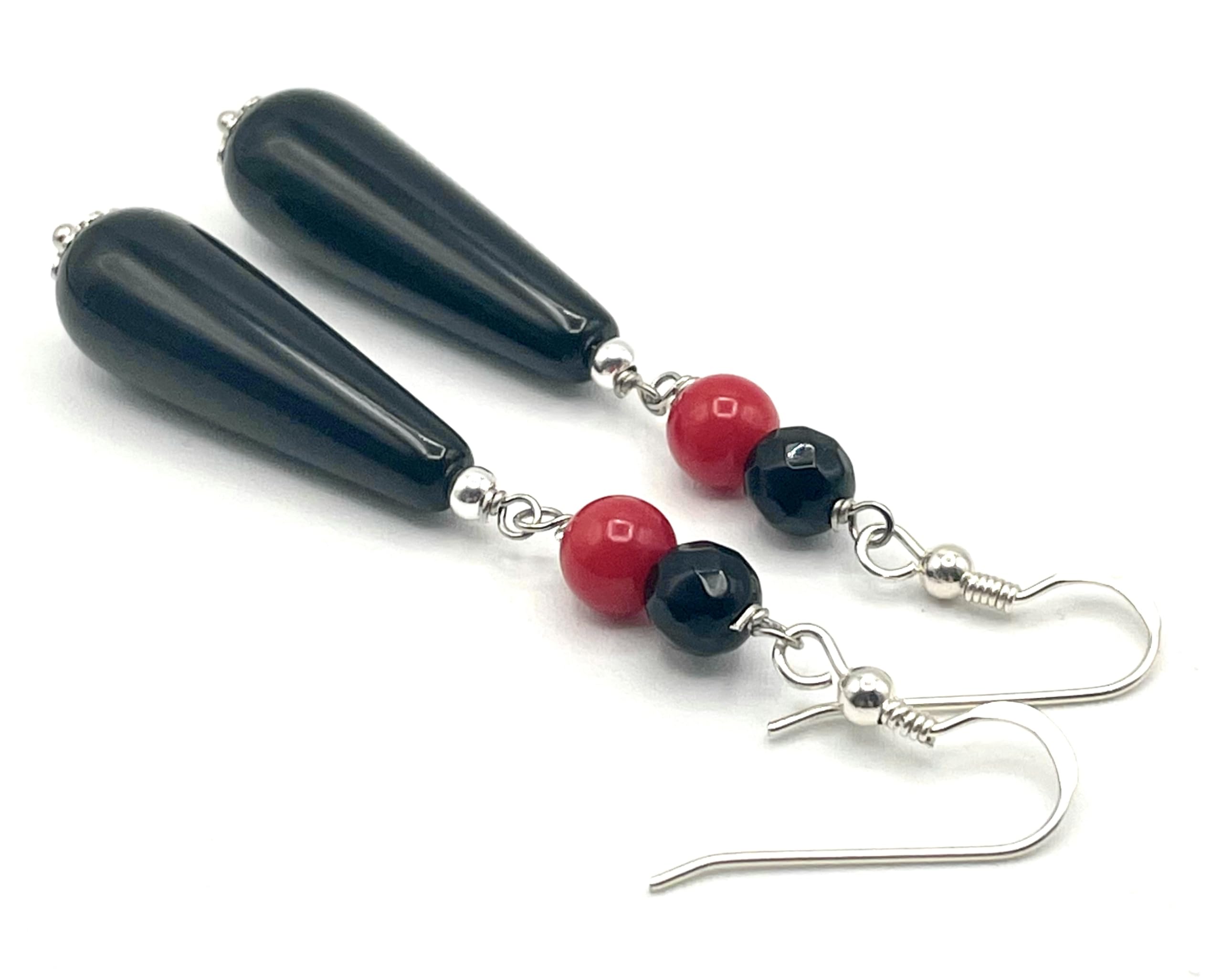Orecchini in Onice Nero e Corallo Rosso, Pendenti Lunghi in Argento 925, Gioielli Pietre Dure, Bijoux Artigianali, Regalo per Lei