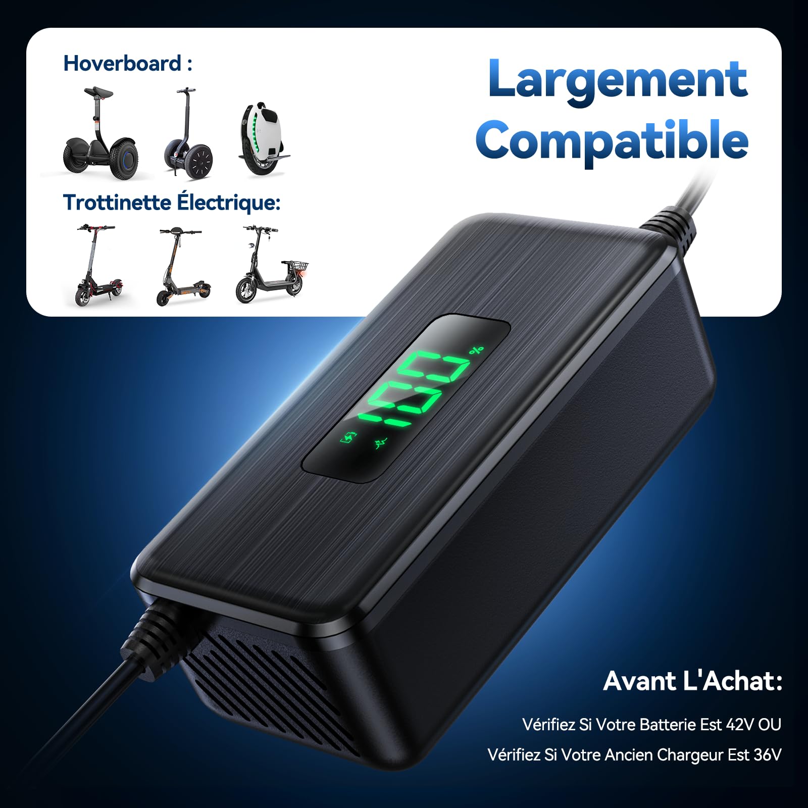 Chargeur Universel 42V 2A Pour Trotinette Électrique - Compatible Ninebot, Xiaomi, Hoverboard - 4 Connecteurs Inclus