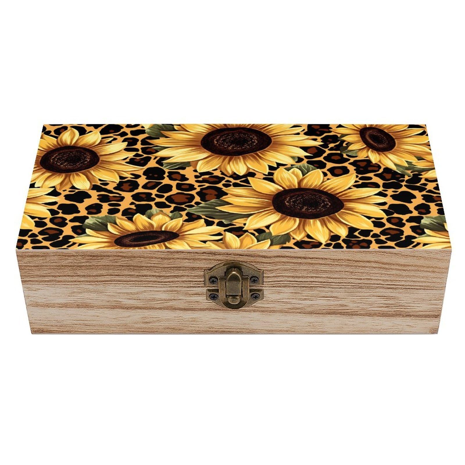 HLBSDM Sunflower Leopard Vintage Wooden Keepsake Box with Hinged Lid And Locking Clasp, Decorative Storage Box for Jewelry, Trinkets And Small Accessories, Organizer for Home Or Wedding